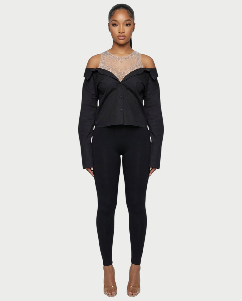 LAINE Off-Shoulder Rhinestone Shirt Top