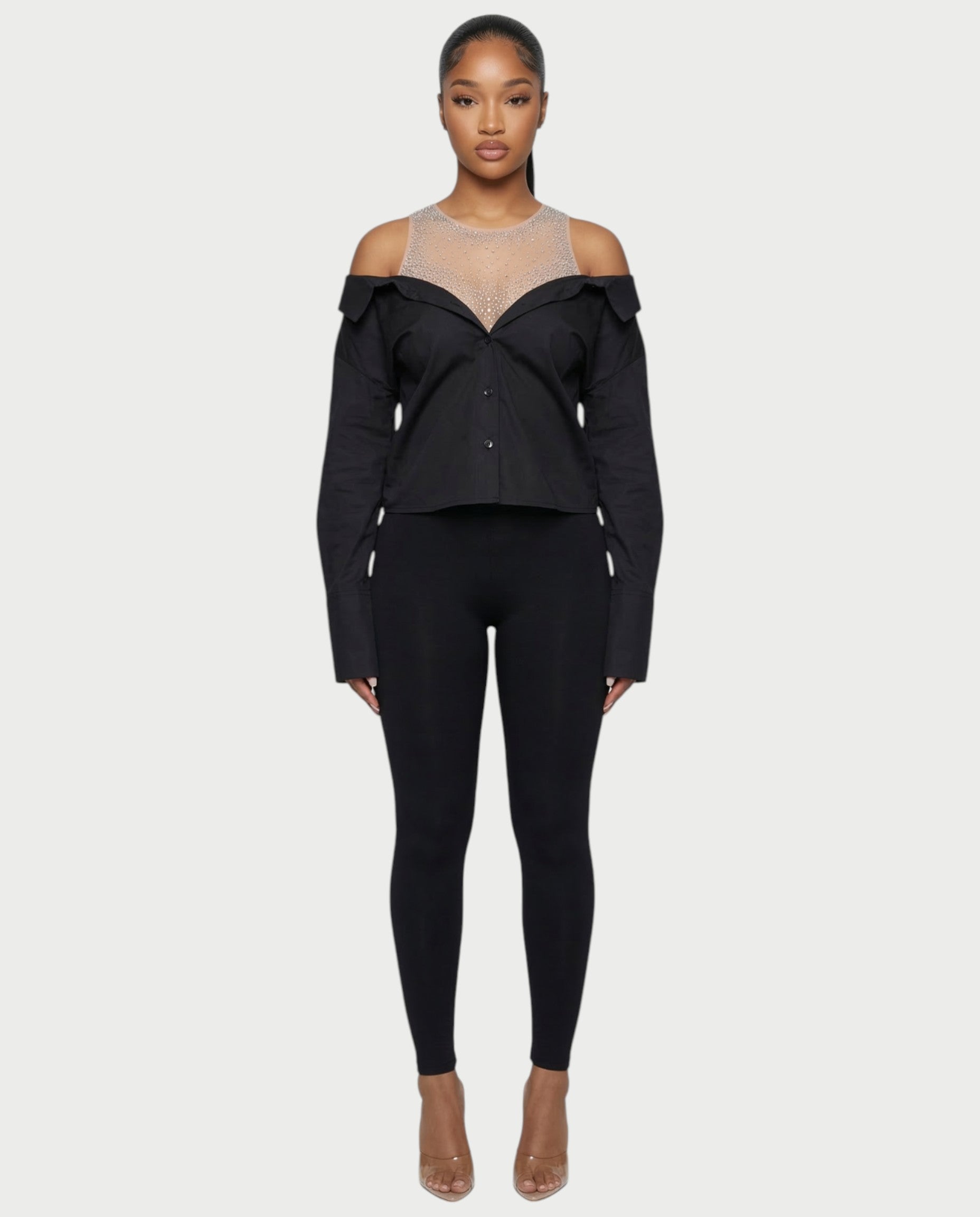 LAINE Off-Shoulder Rhinestone Shirt Top