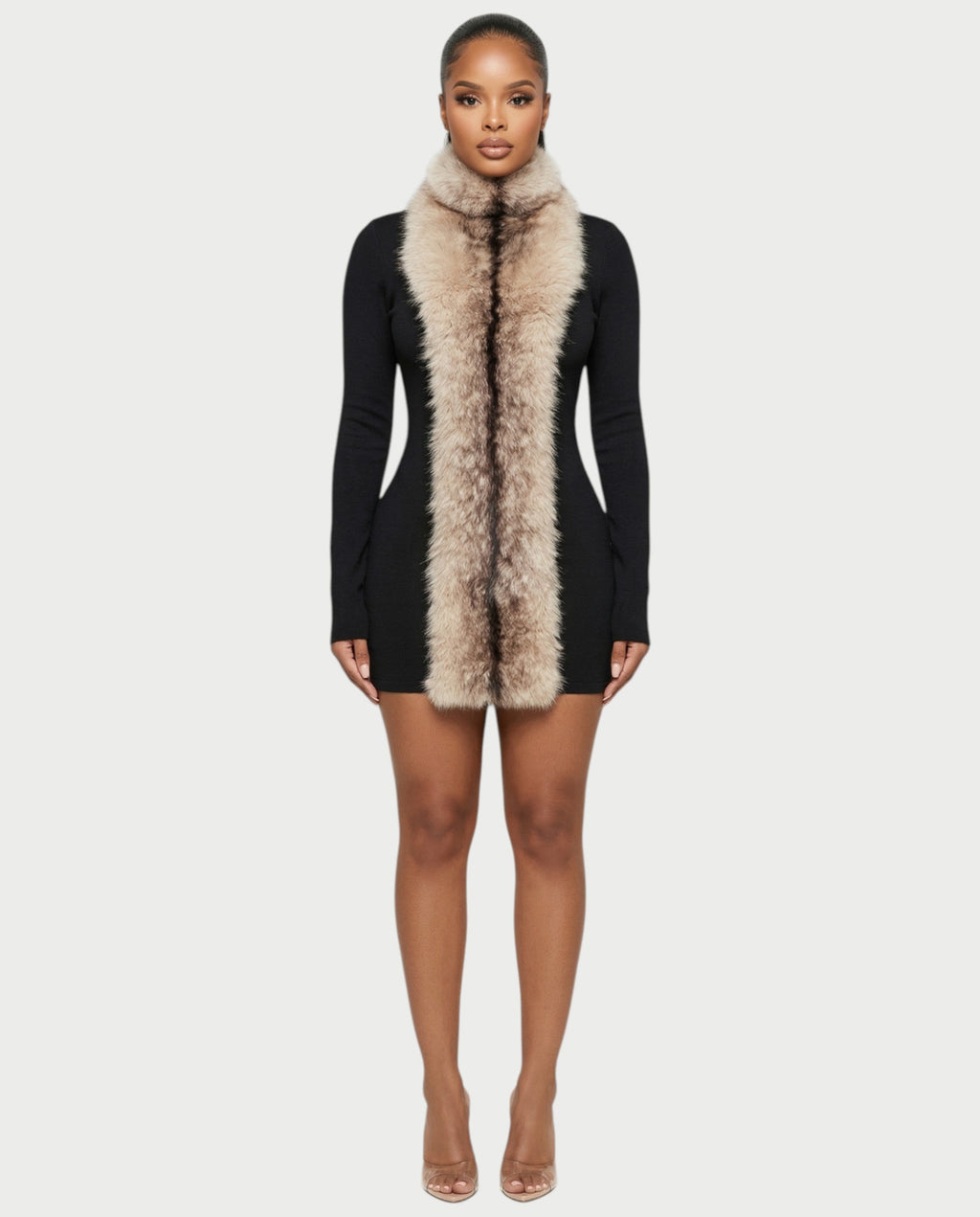 ZAYAH Long Sleeve Faux-Fur Bodycon Mini Dress