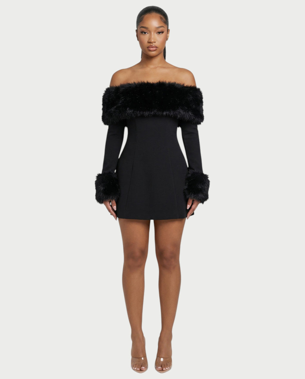 NIRAYA Off-Shoulder Faux Fur Trim Mini Dress