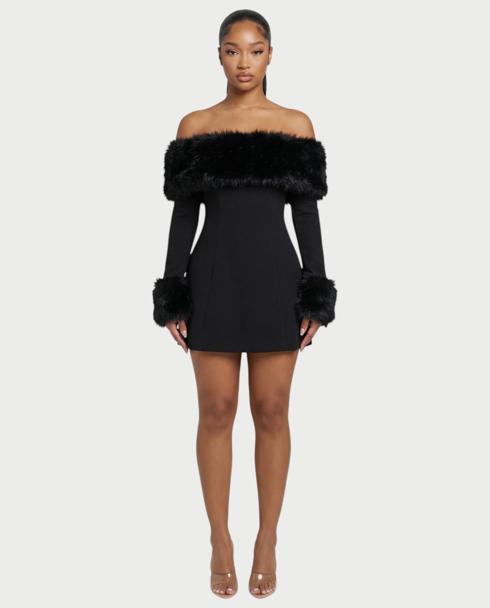 NIRAYA Off-Shoulder Faux Fur Trim Mini Dress