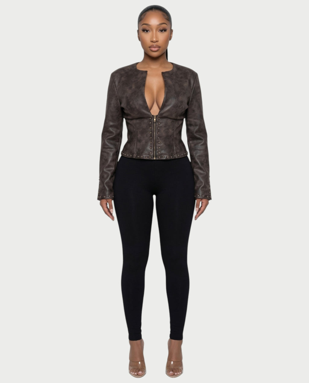 CORRY Studded Zip Leather Jacket