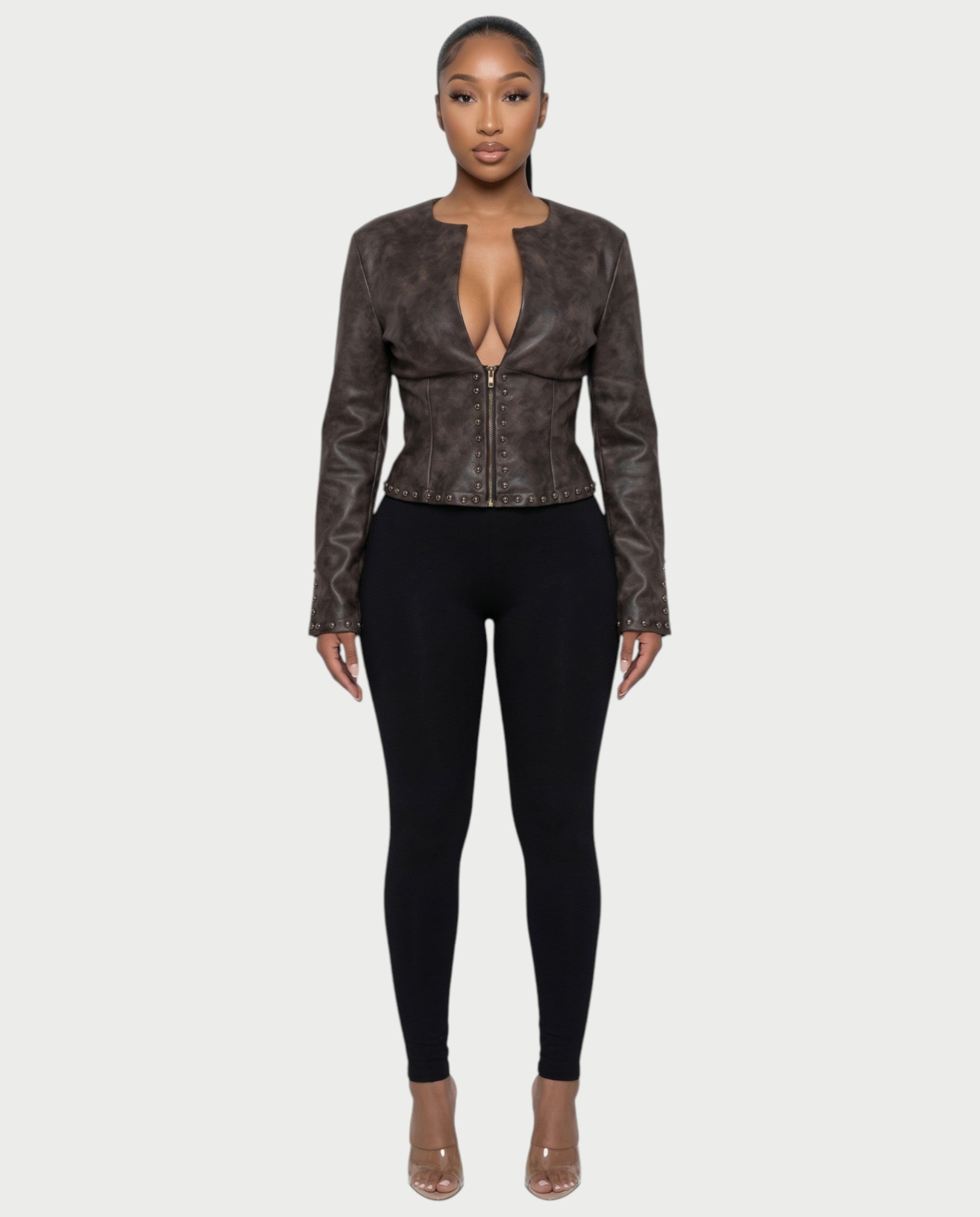 CORRY Studded Zip Leather Jacket