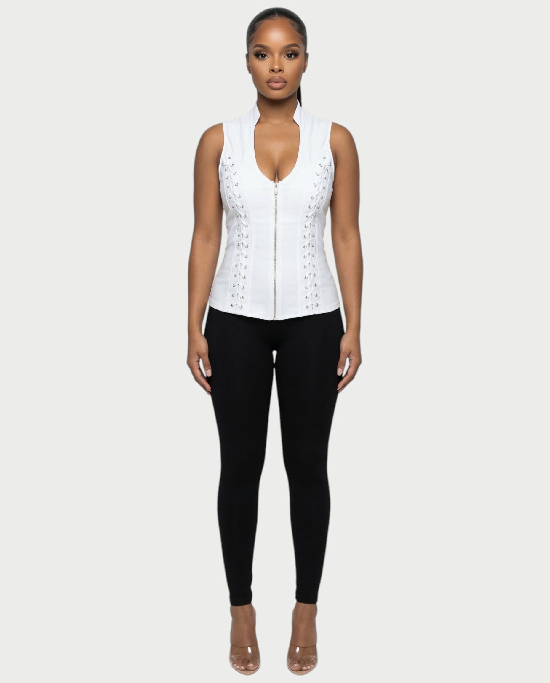 VELENA Lace-Up Zip-Front Vest Top