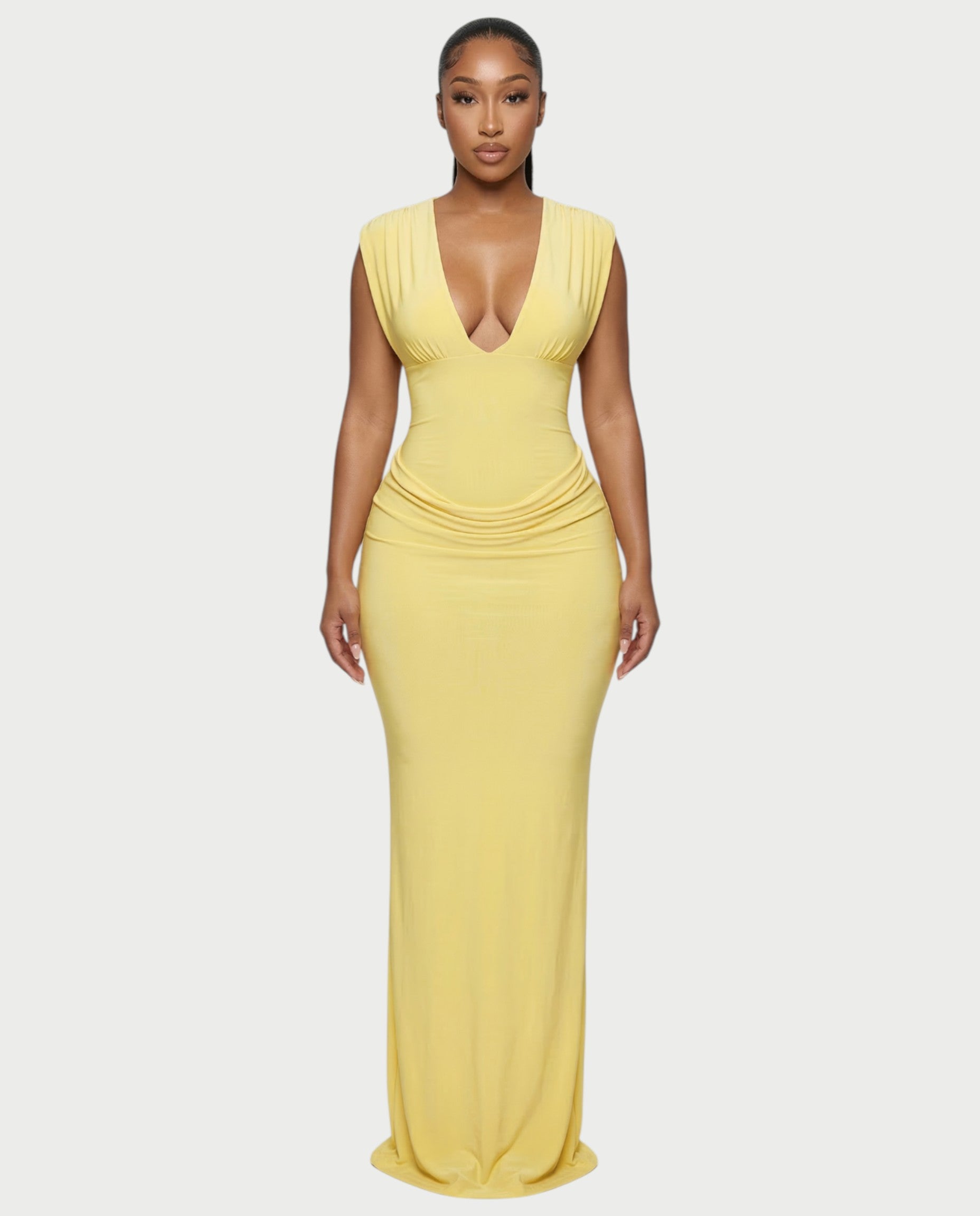 ADLEY Plunge-Neck Ruched Bodycon Maxi Dress