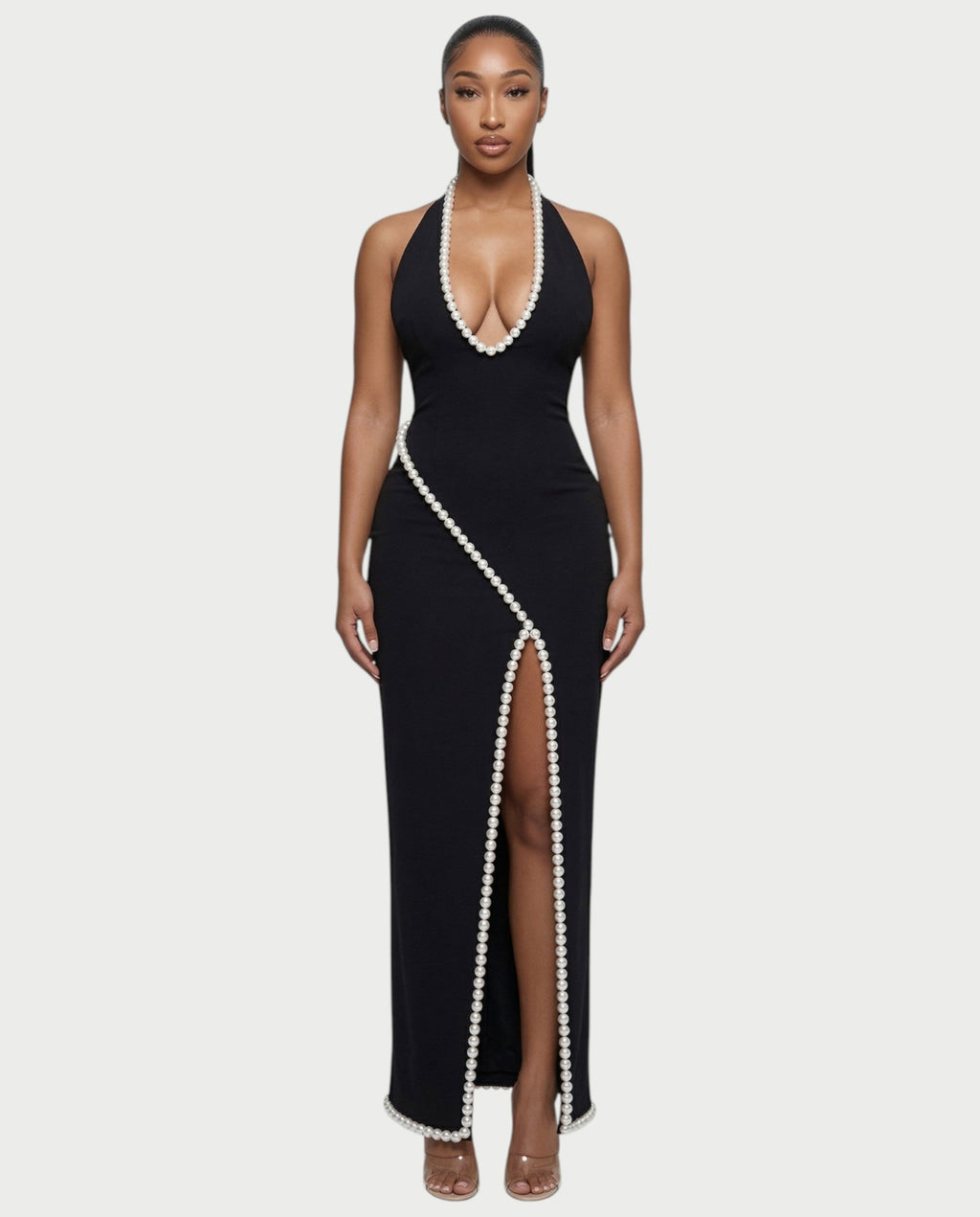 VIDA Pearl-Trim Halter Slit Maxi Dress