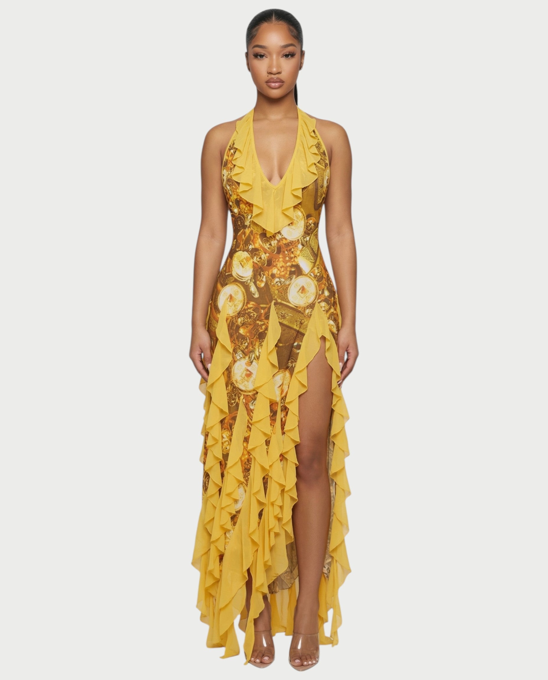 KIMMY Baroque Chain Print Ruffle Maxi Dress