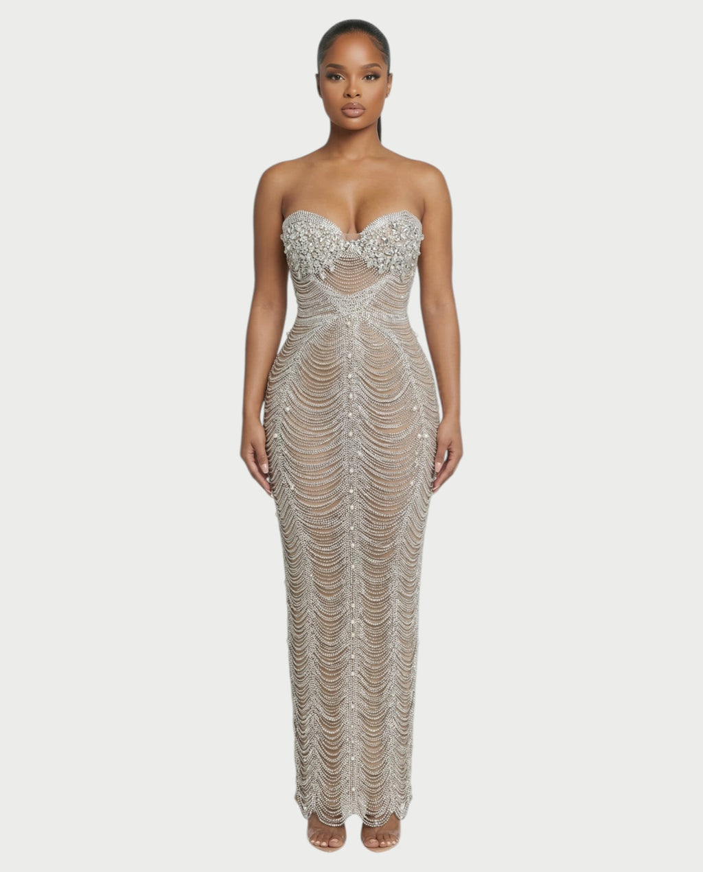 LORIN Crystal Chain Lace-Up Back Maxi Dress