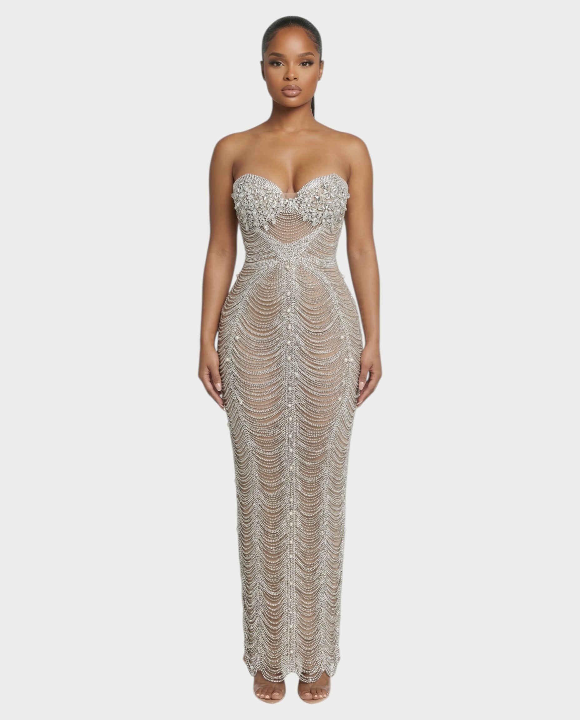 LORIN Crystal Chain Lace-Up Back Maxi Dress