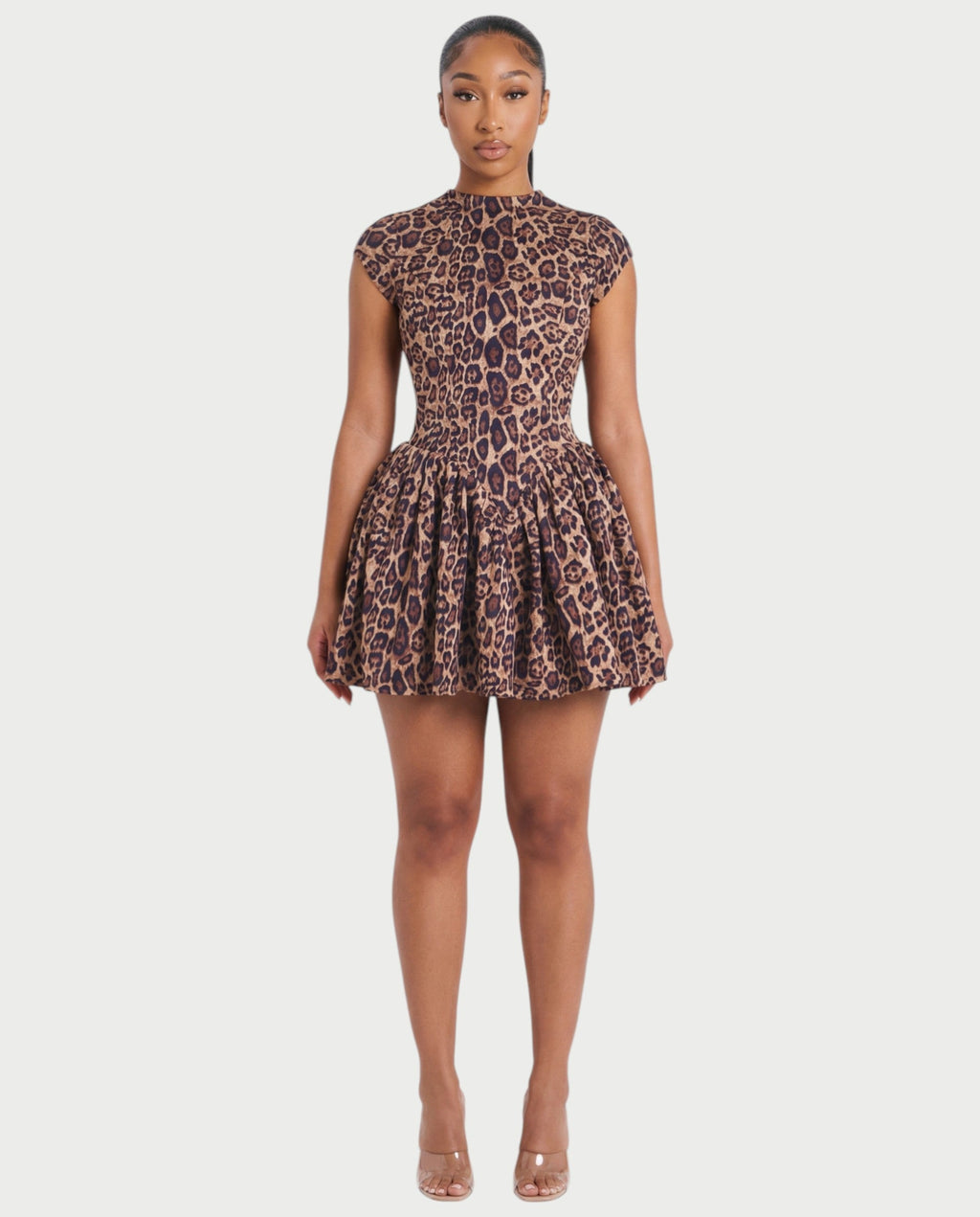 RIVANA Open-Back Leopard Flare Mini Dress