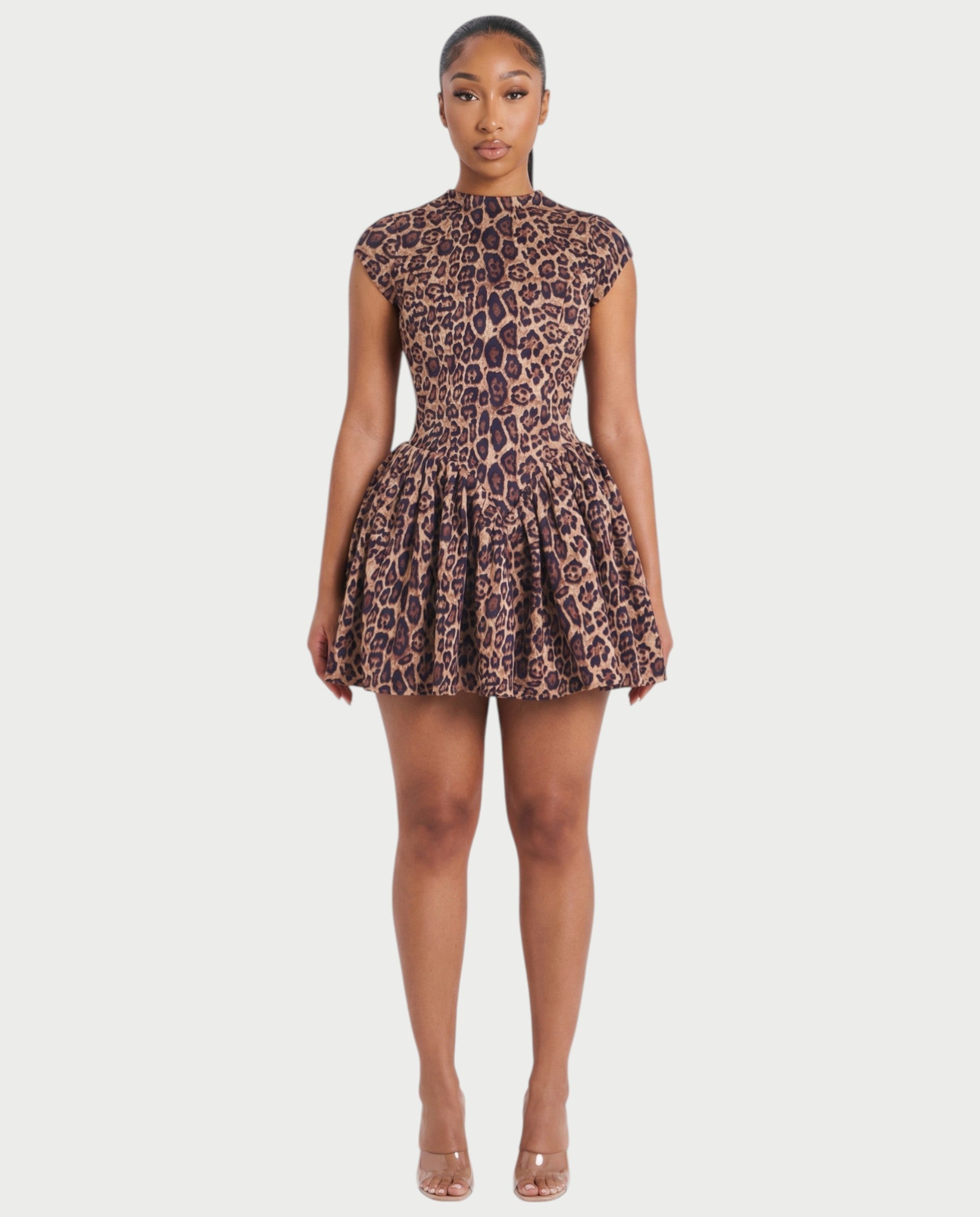 RIVANA Open-Back Leopard Flare Mini Dress