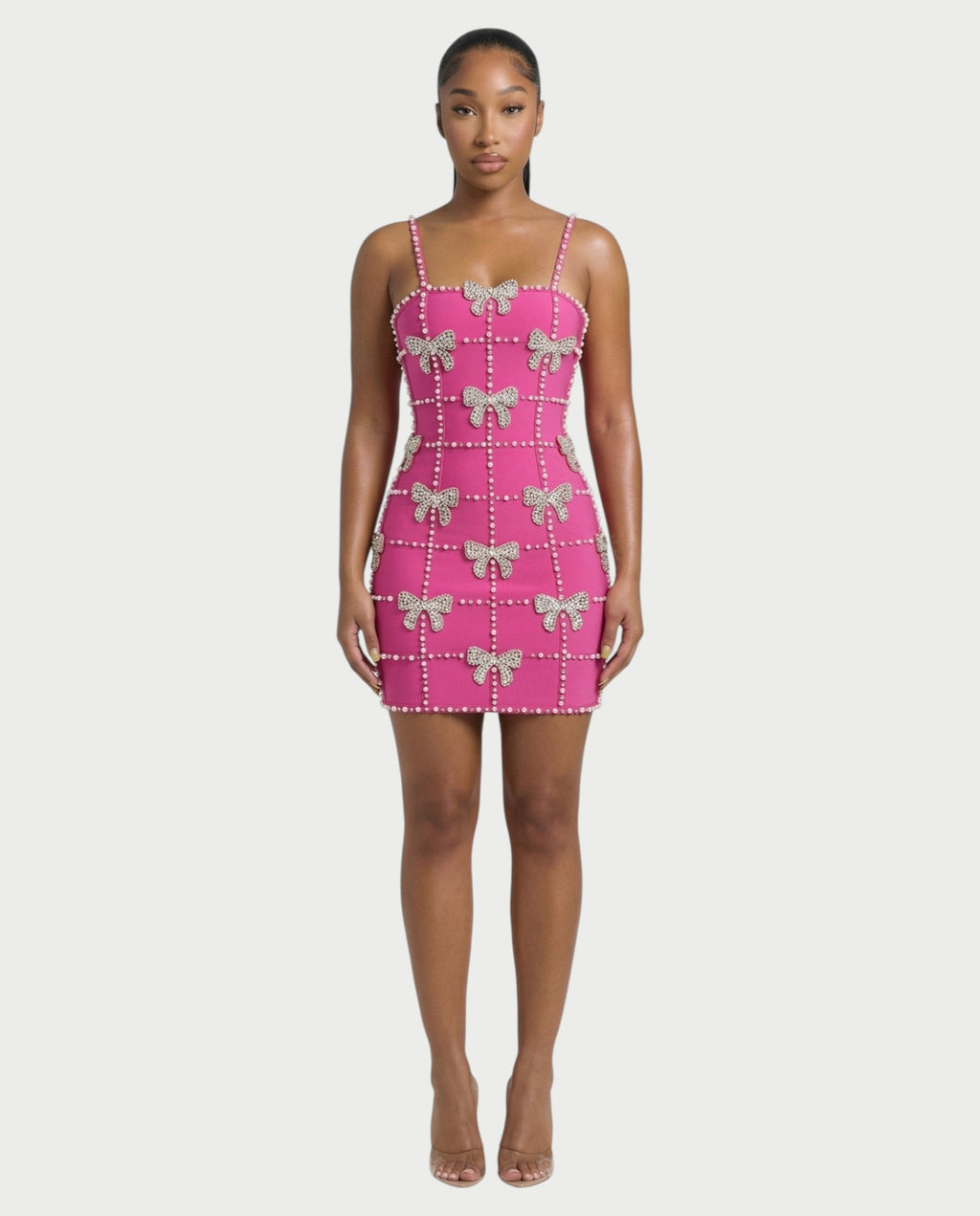 RYMA Rhinestone Grid Bow Mini Dress