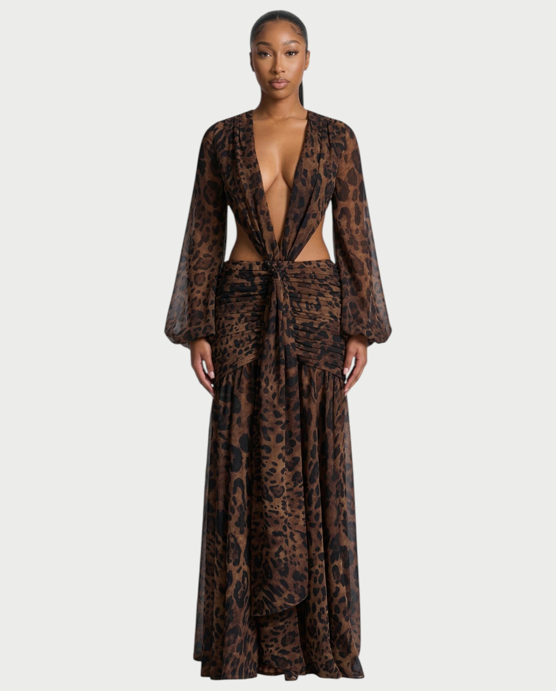 RAIZA Leopard Open Back Chiffon Maxi Dress