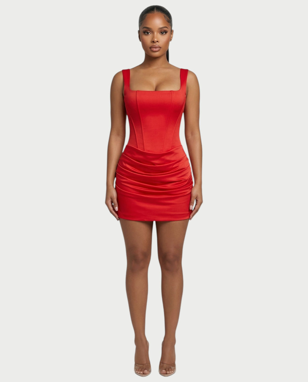 ROANE Square-Neck Ruched Satin Mini Dress