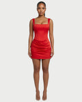 ROANE Square-Neck Ruched Satin Mini Dress