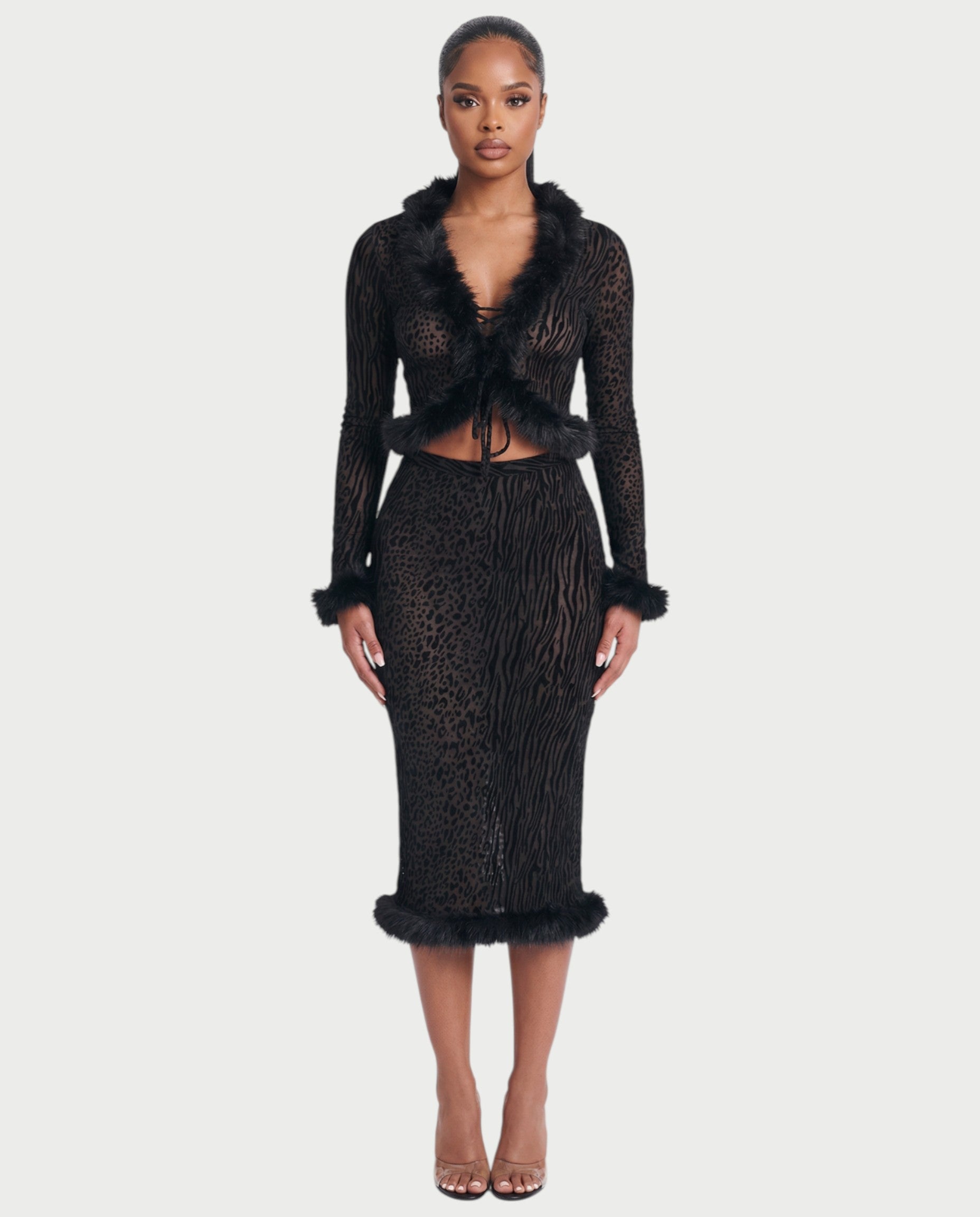 ROMENA Fuax-fur Trim Leopard Top & Midi Skirt Set
