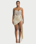 VIRELA Rhinestone Fringe Drape Metallic Mini Dress