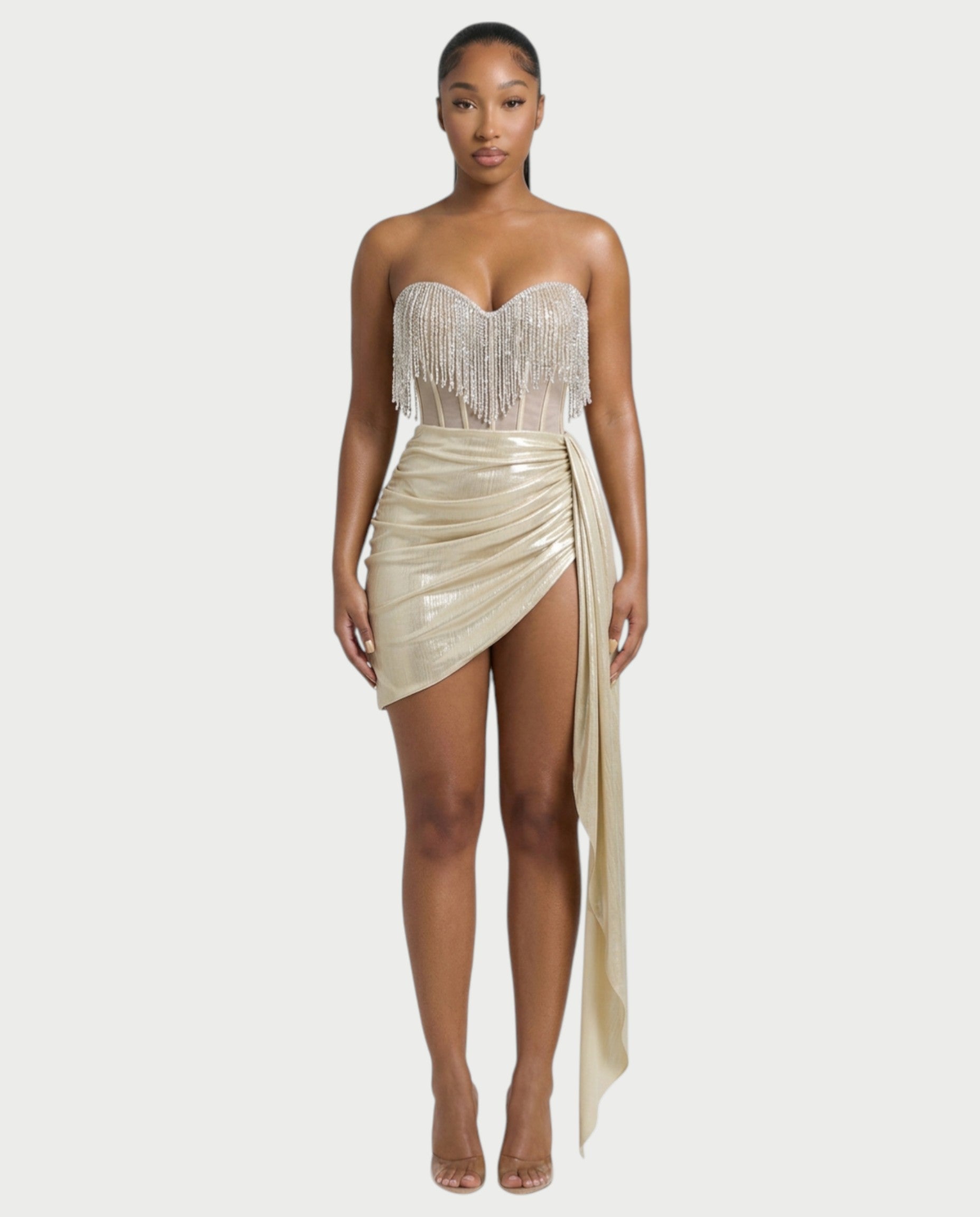 VIRELA Rhinestone Fringe Drape Metallic Mini Dress