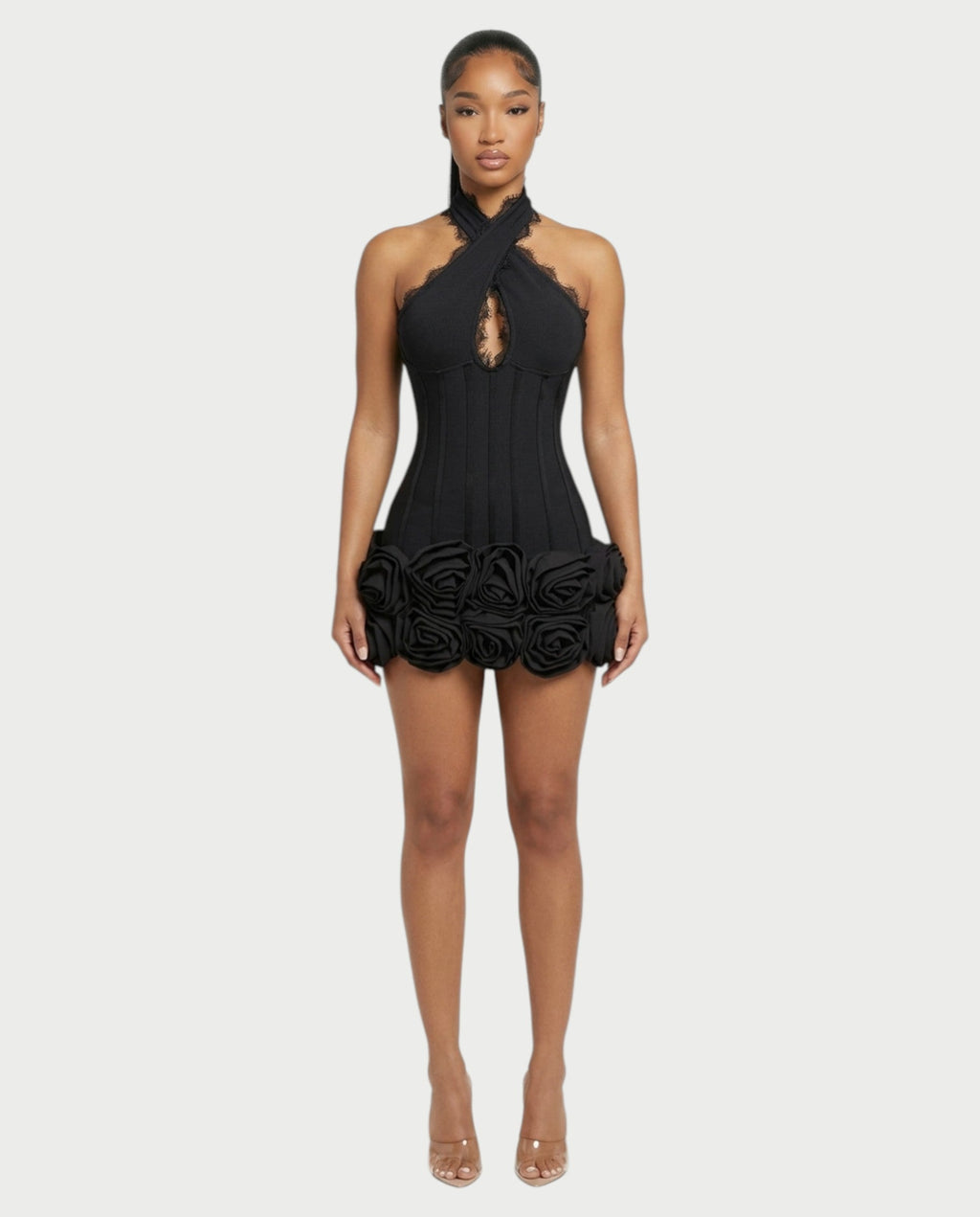 HASELY Rose Appliqué Halter Corset Mini Dress