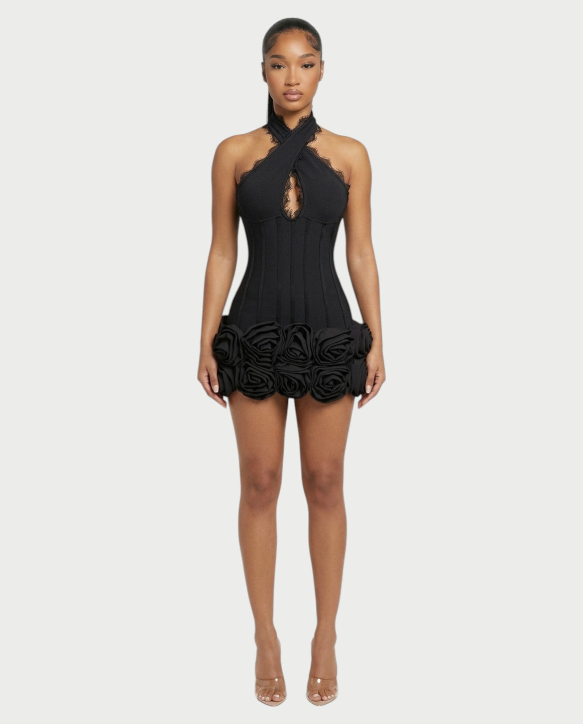 HASELY Rose Appliqué Halter Corset Mini Dress
