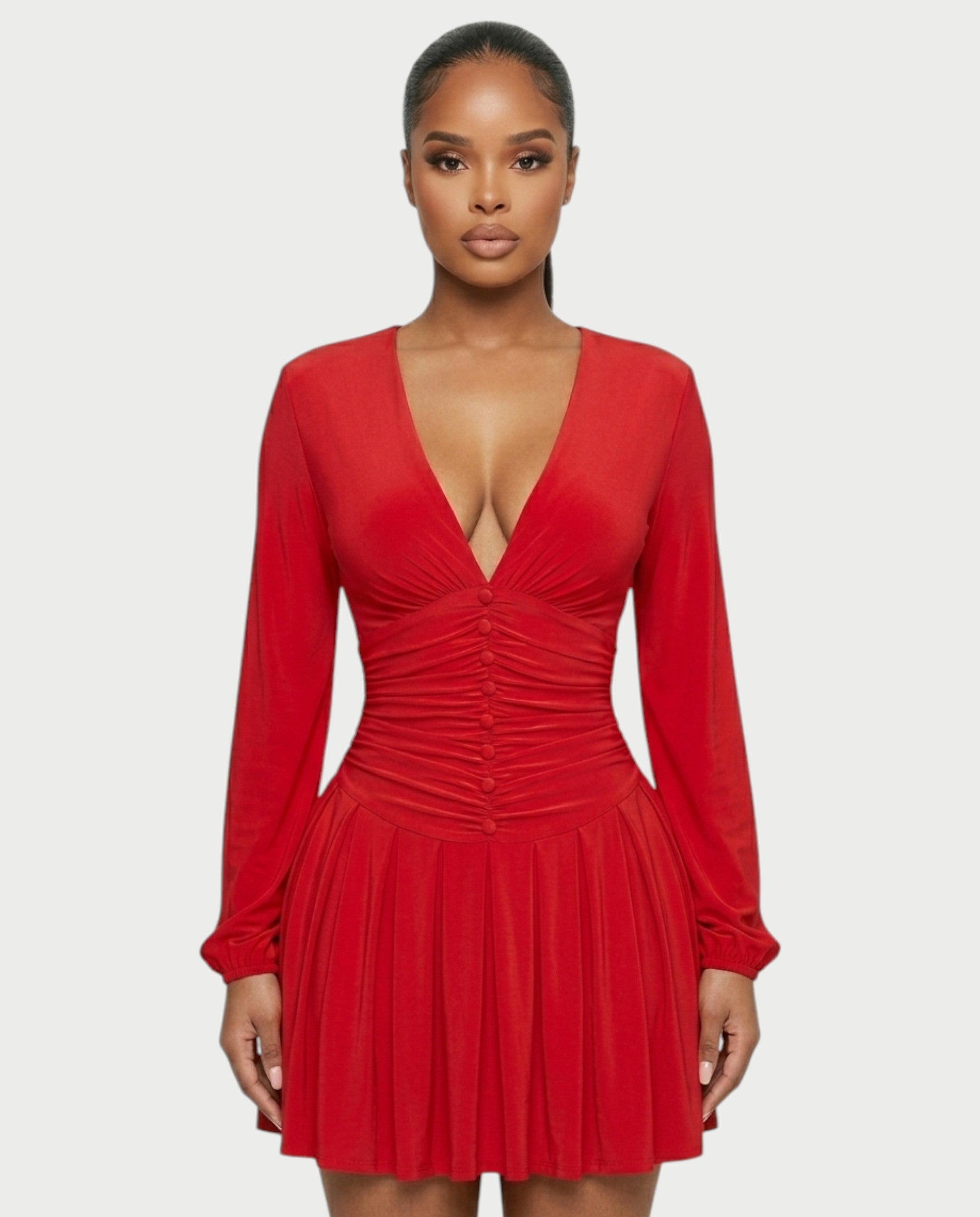 VINNA Ruched Waist-cinching Pleated Mini Dress