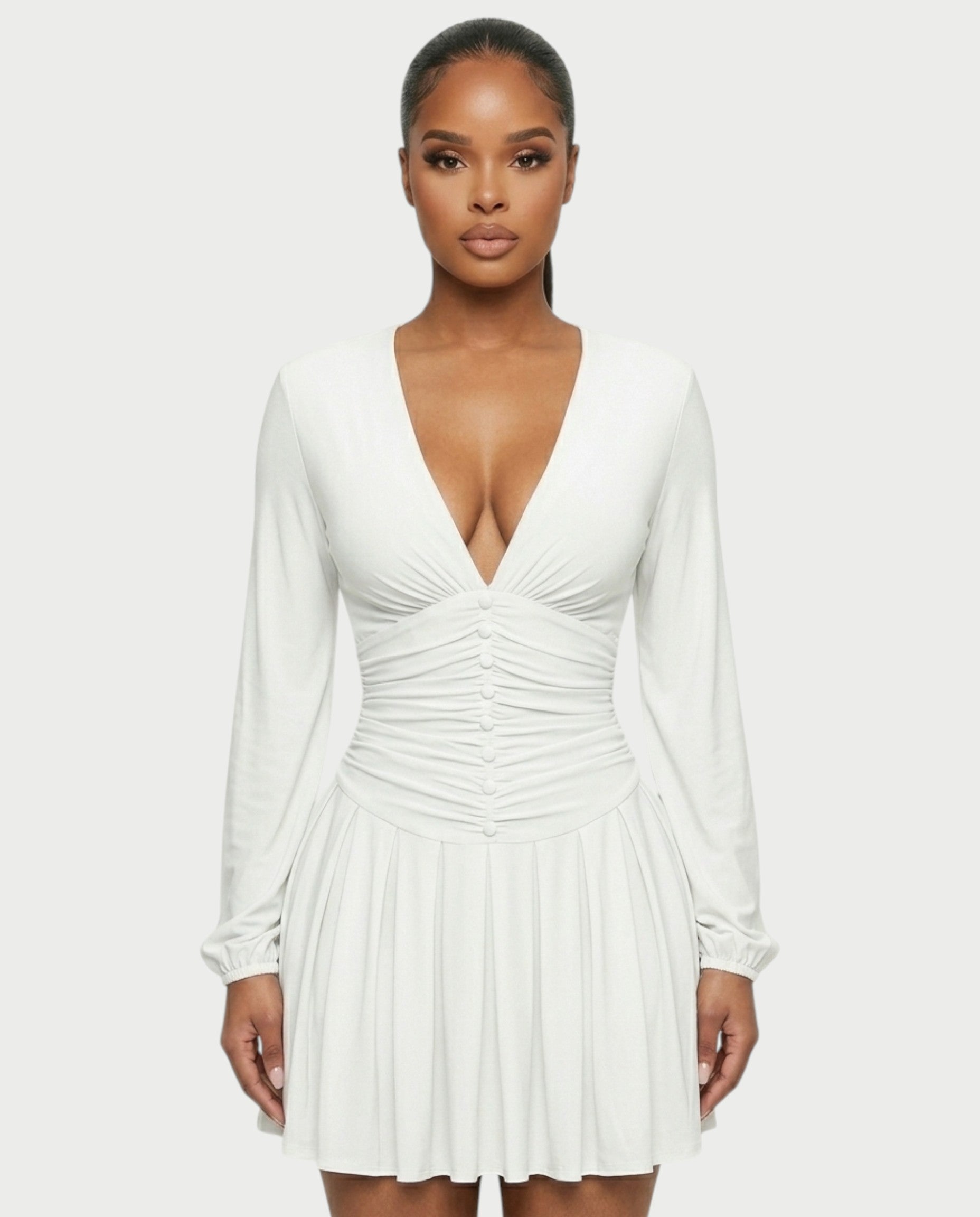 VINNA Ruched Waist-cinching Pleated Mini Dress