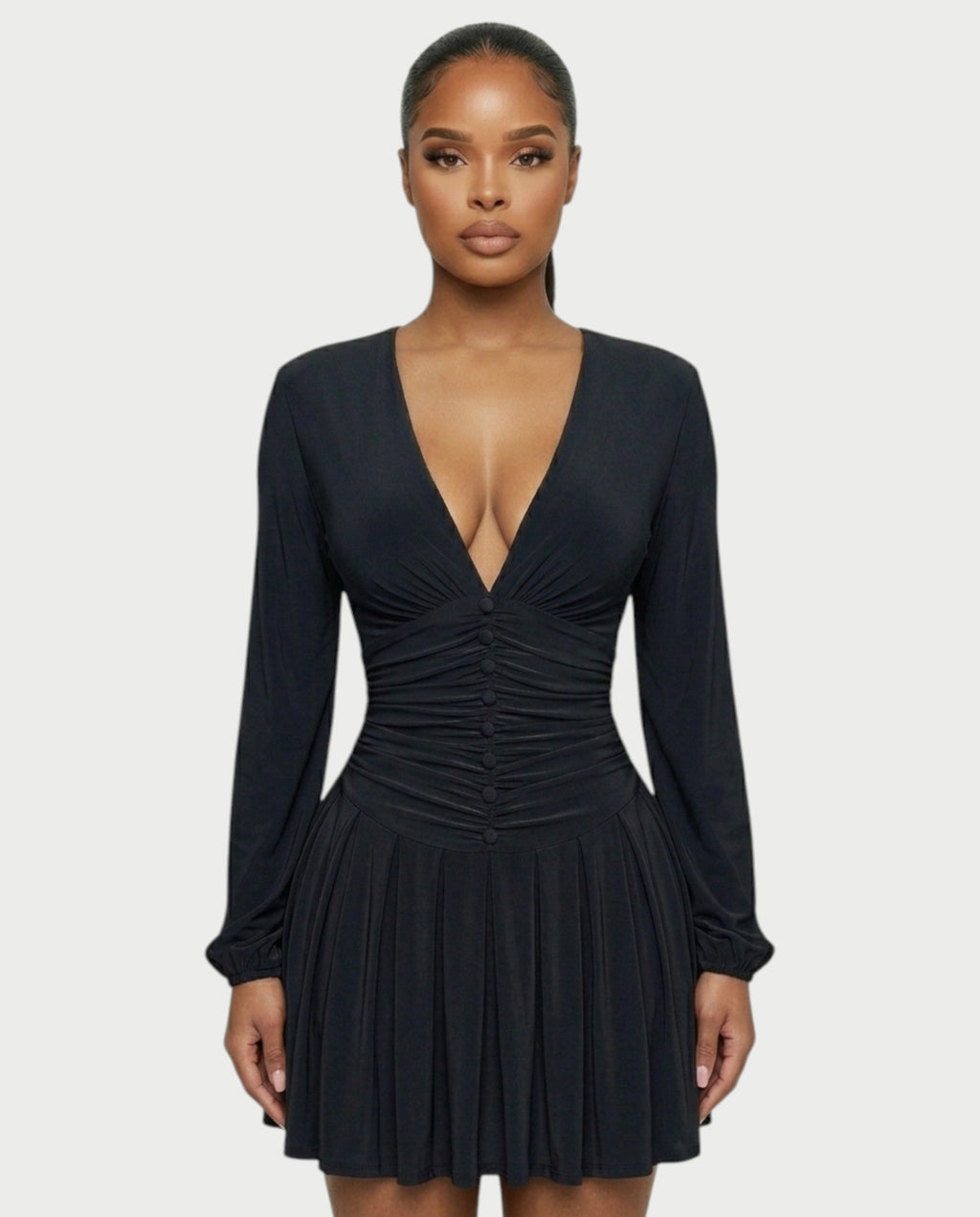 VINNA Ruched Waist-cinching Pleated Mini Dress