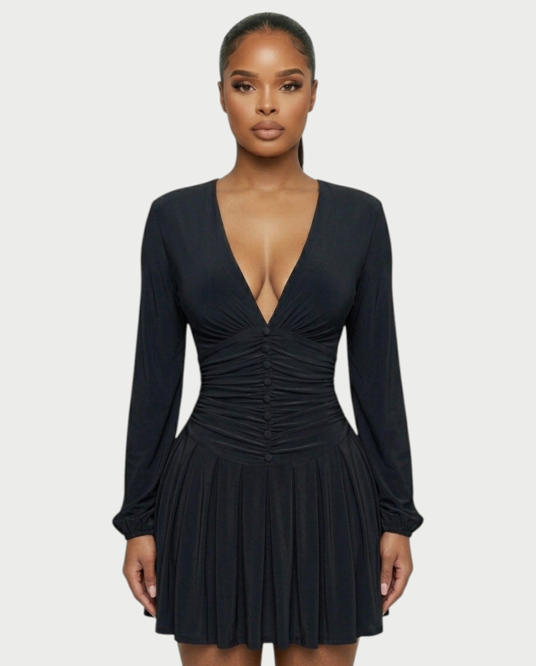 VINNA Ruched Waist-cinching Pleated Mini Dress