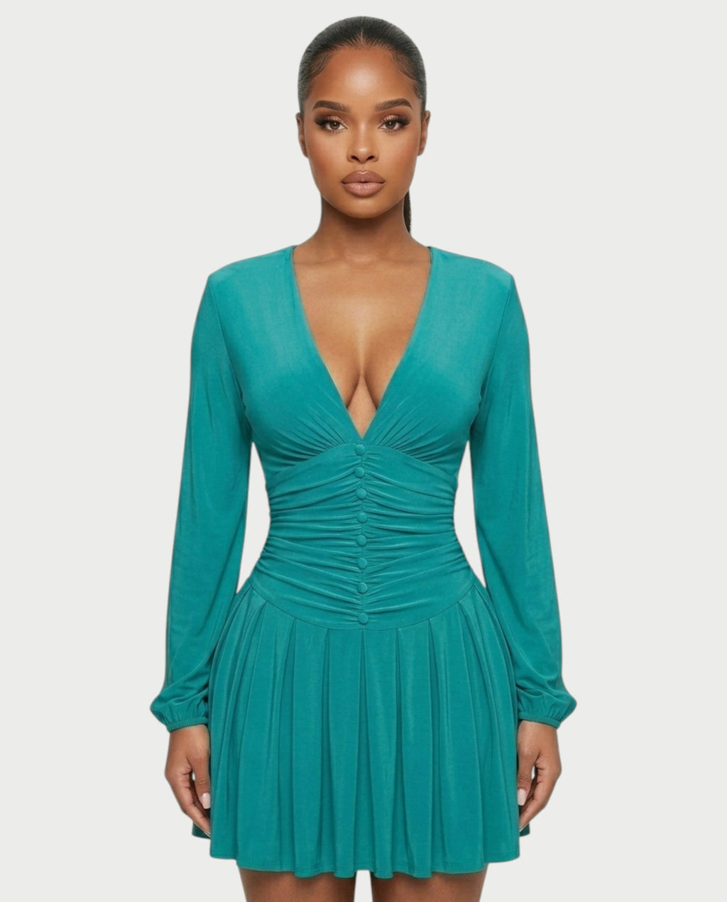 VINNA Ruched Waist-cinching Pleated Mini Dress