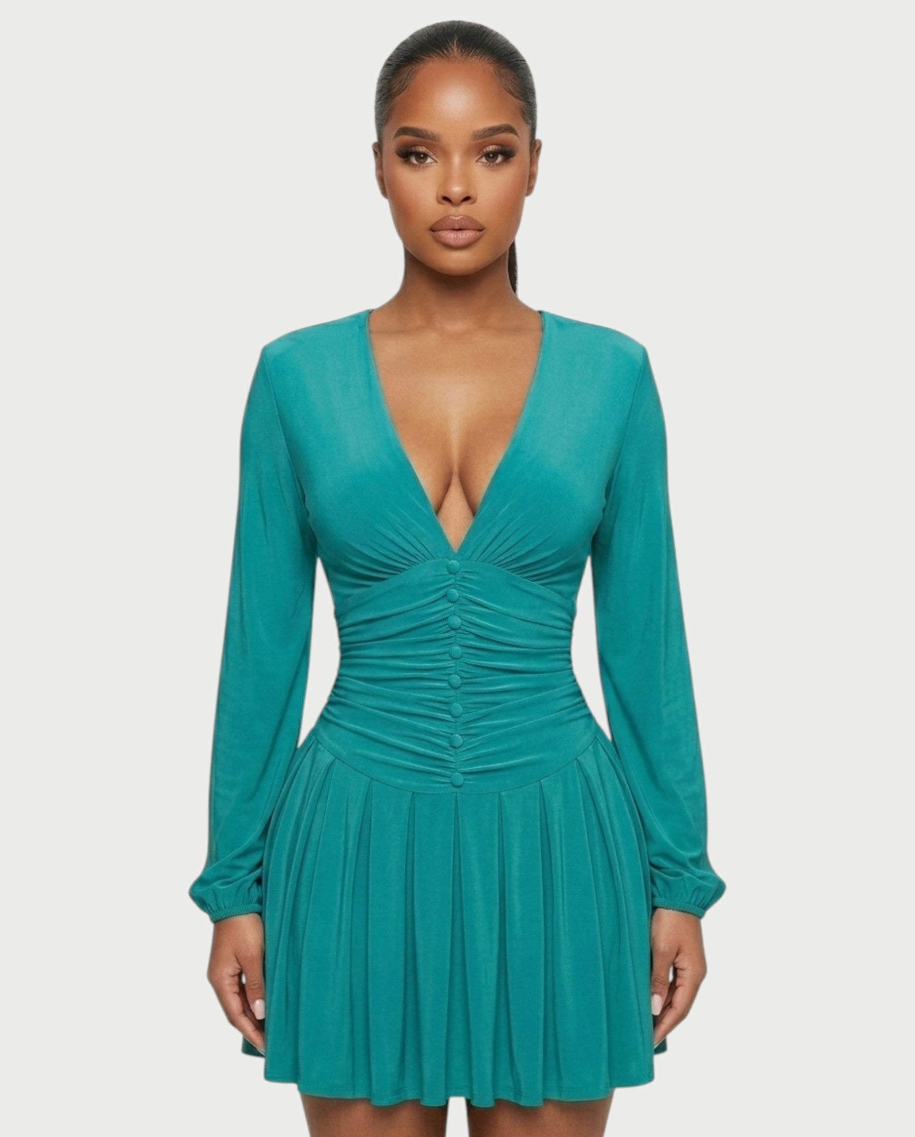 VINNA Ruched Waist-cinching Pleated Mini Dress