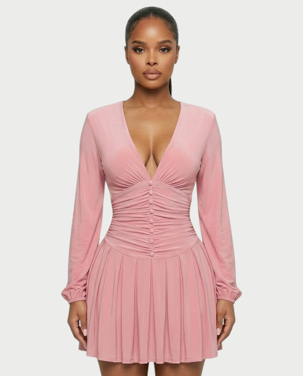 VINNA Ruched Waist-cinching Pleated Mini Dress