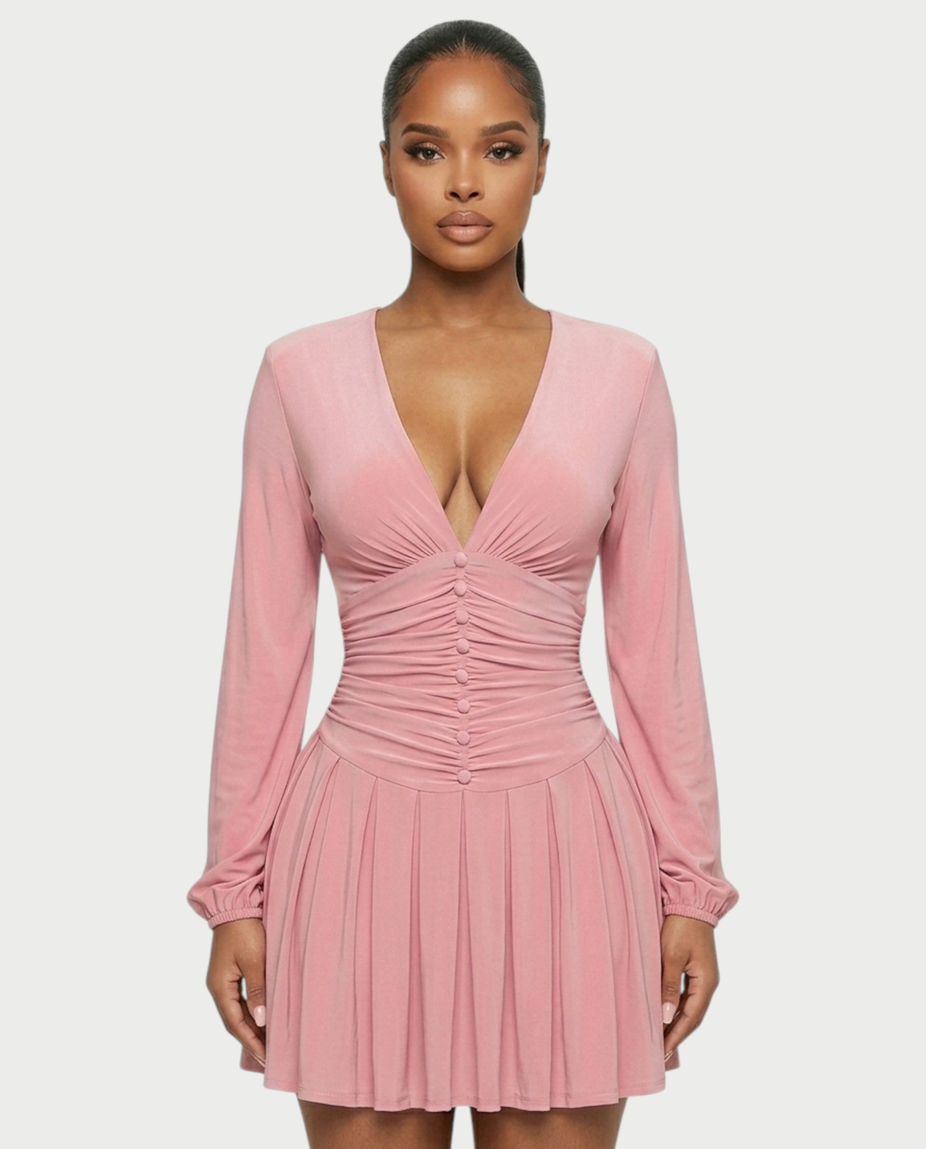 VINNA Ruched Waist-cinching Pleated Mini Dress