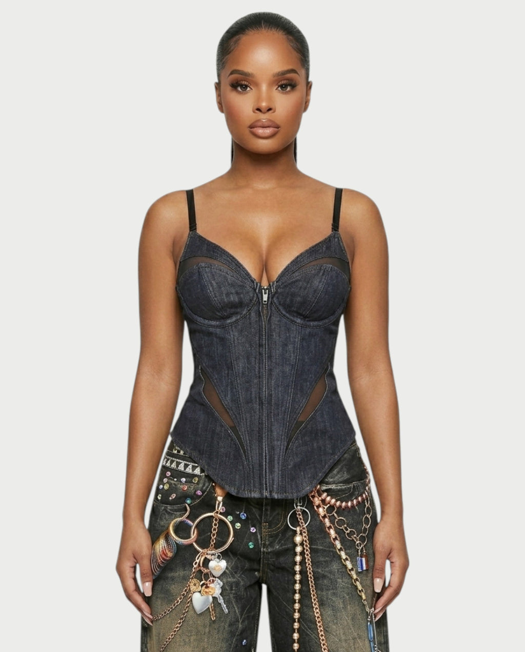 YANCY Corset Zip-Up Mesh Panel Top