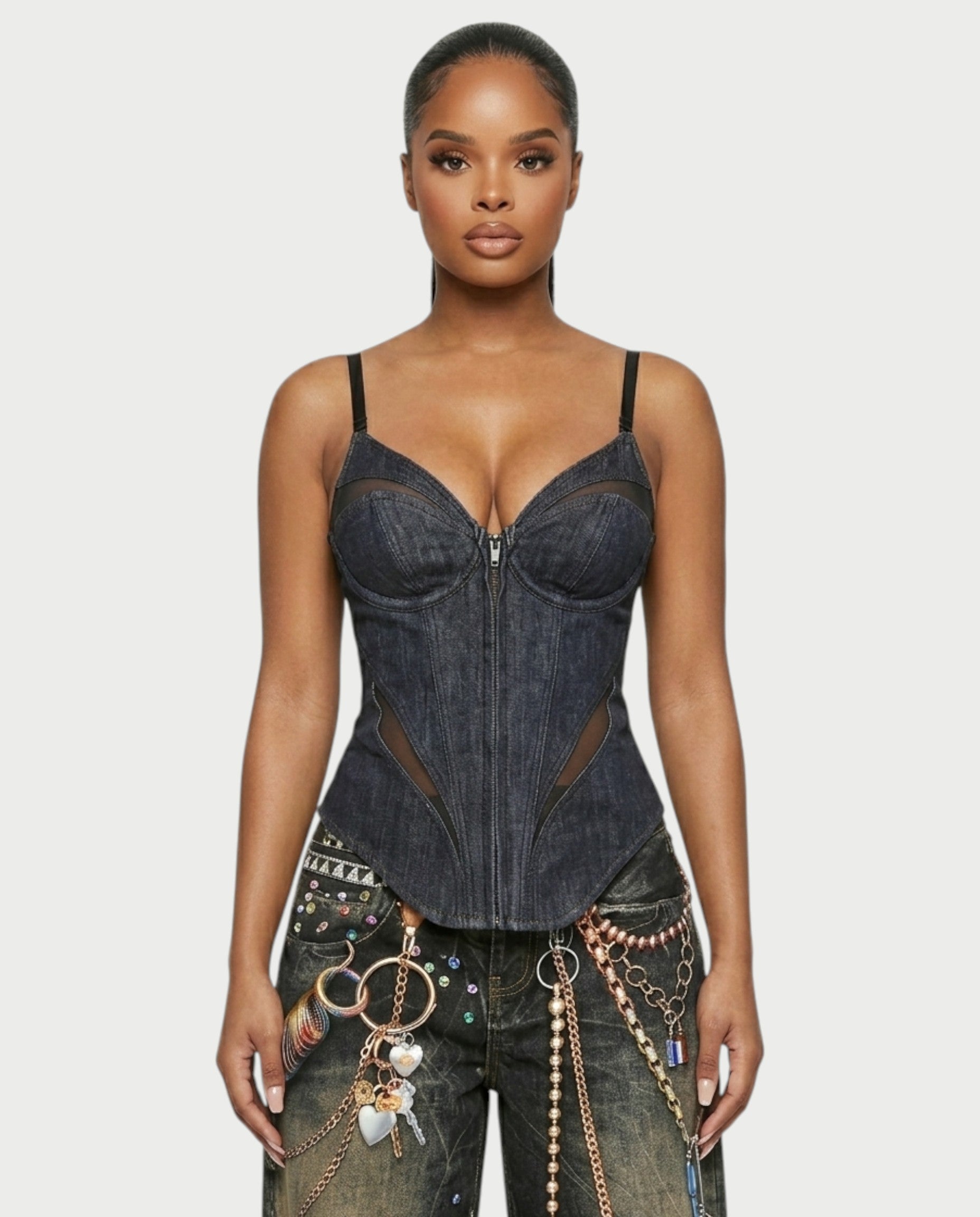 YANCY Corset Zip-Up Mesh Panel Top