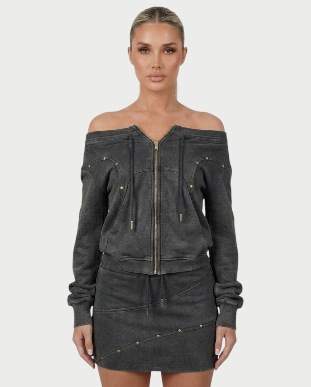 GWENY Retro Long-sleeved Studded Jacket & Skirt Set