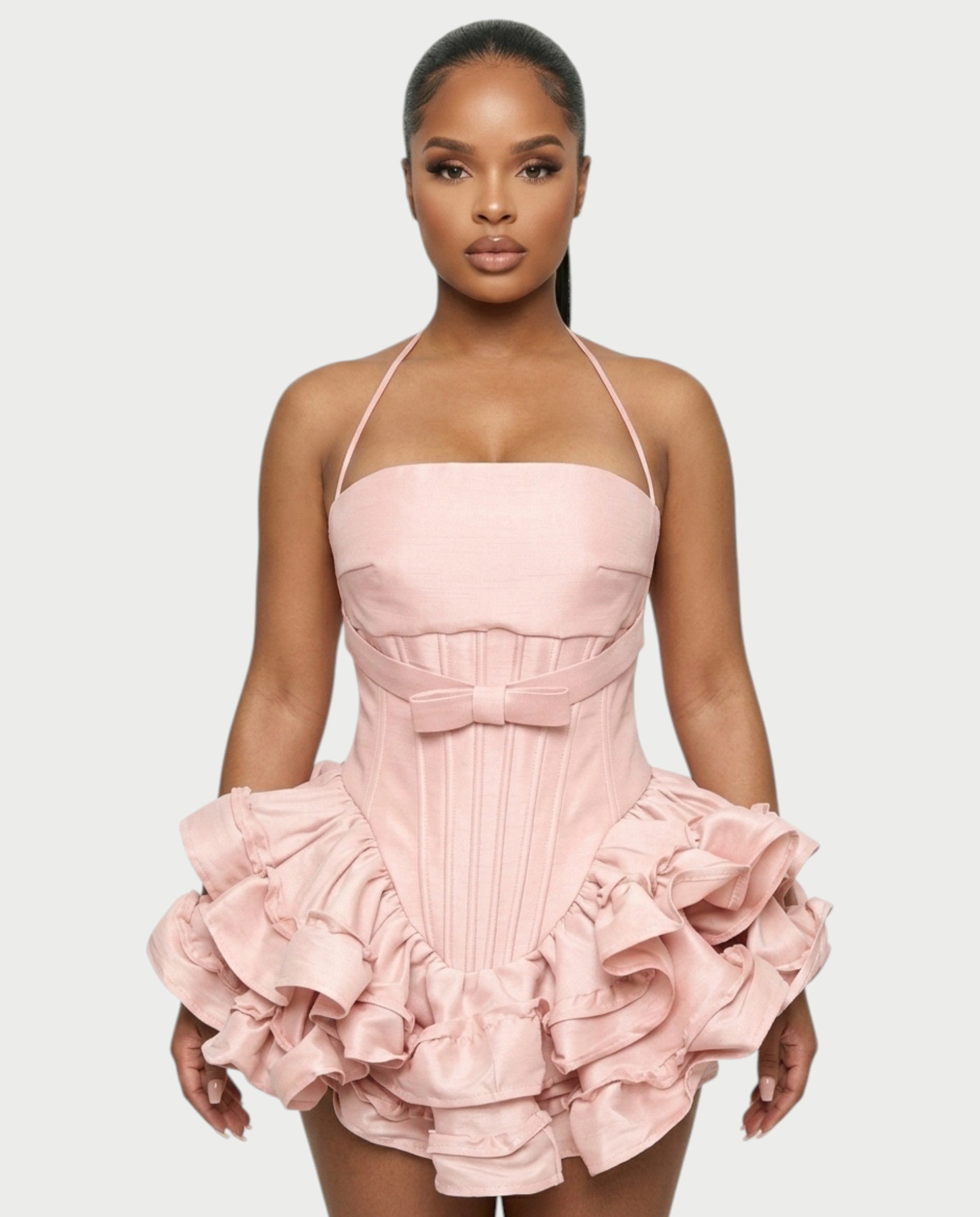 HELSA Halter Bow-Detail Corset Ruffle Mini Dress