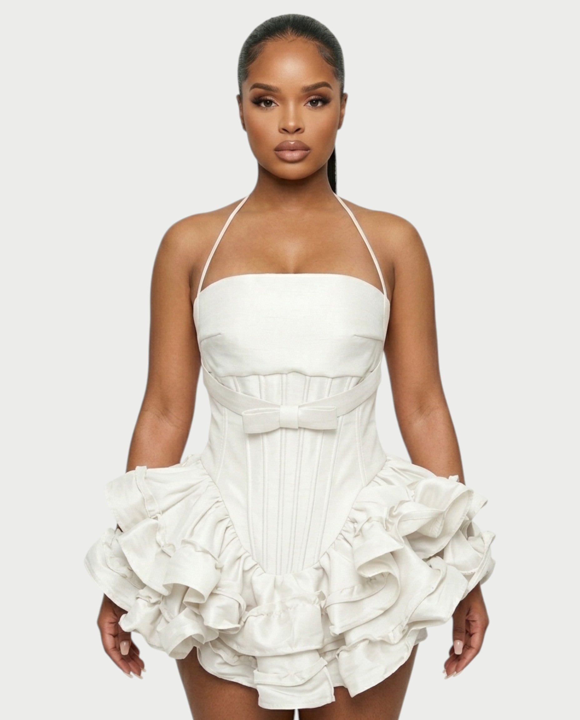HELSA Halter Bow-Detail Corset Ruffle Mini Dress