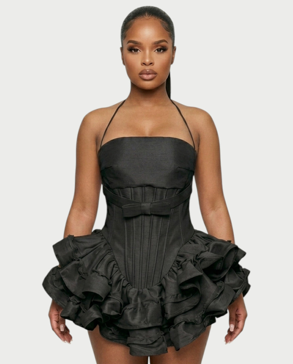 HELSA Halter Bow-Detail Corset Ruffle Mini Dress