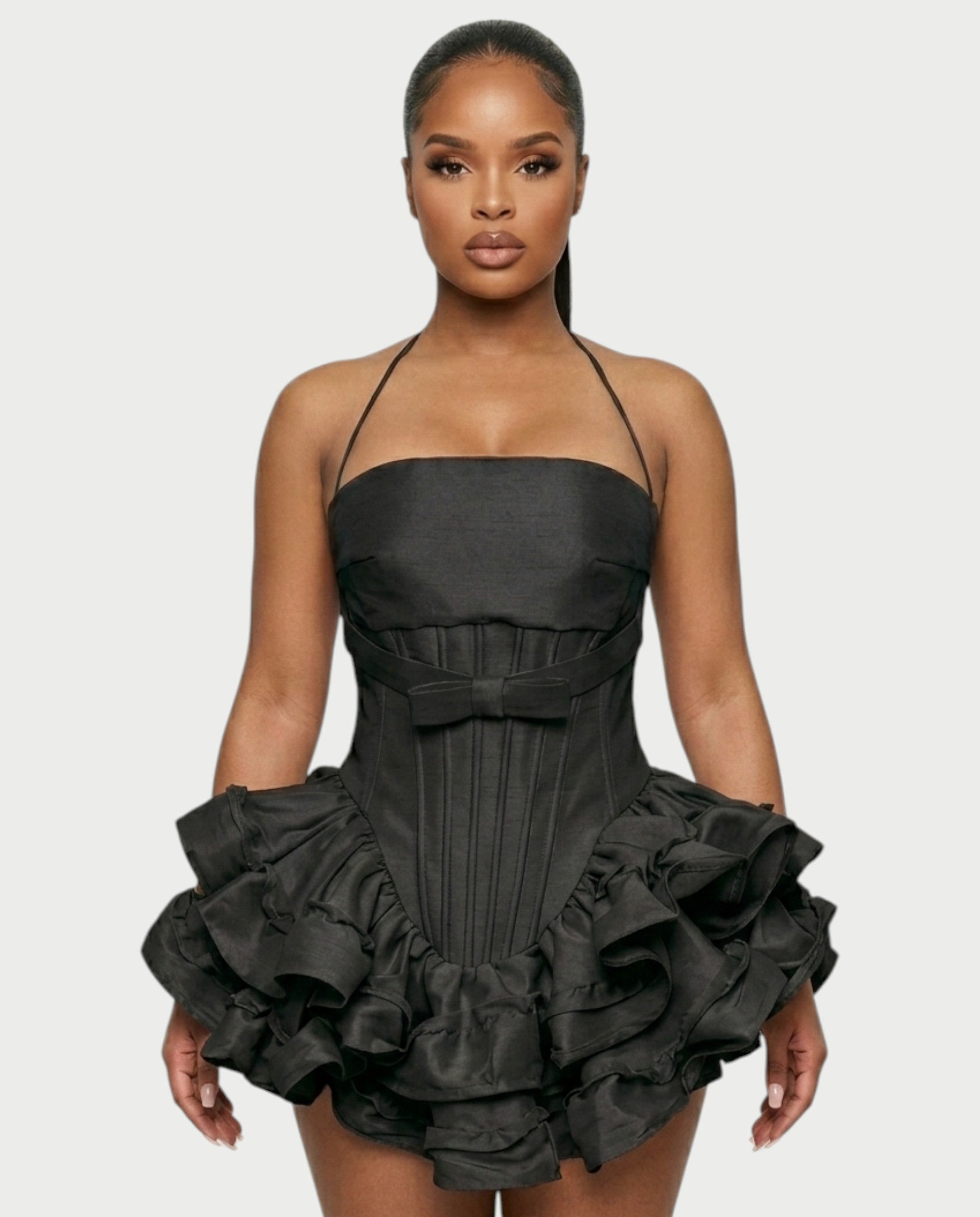 HELSA Halter Bow-Detail Corset Ruffle Mini Dress