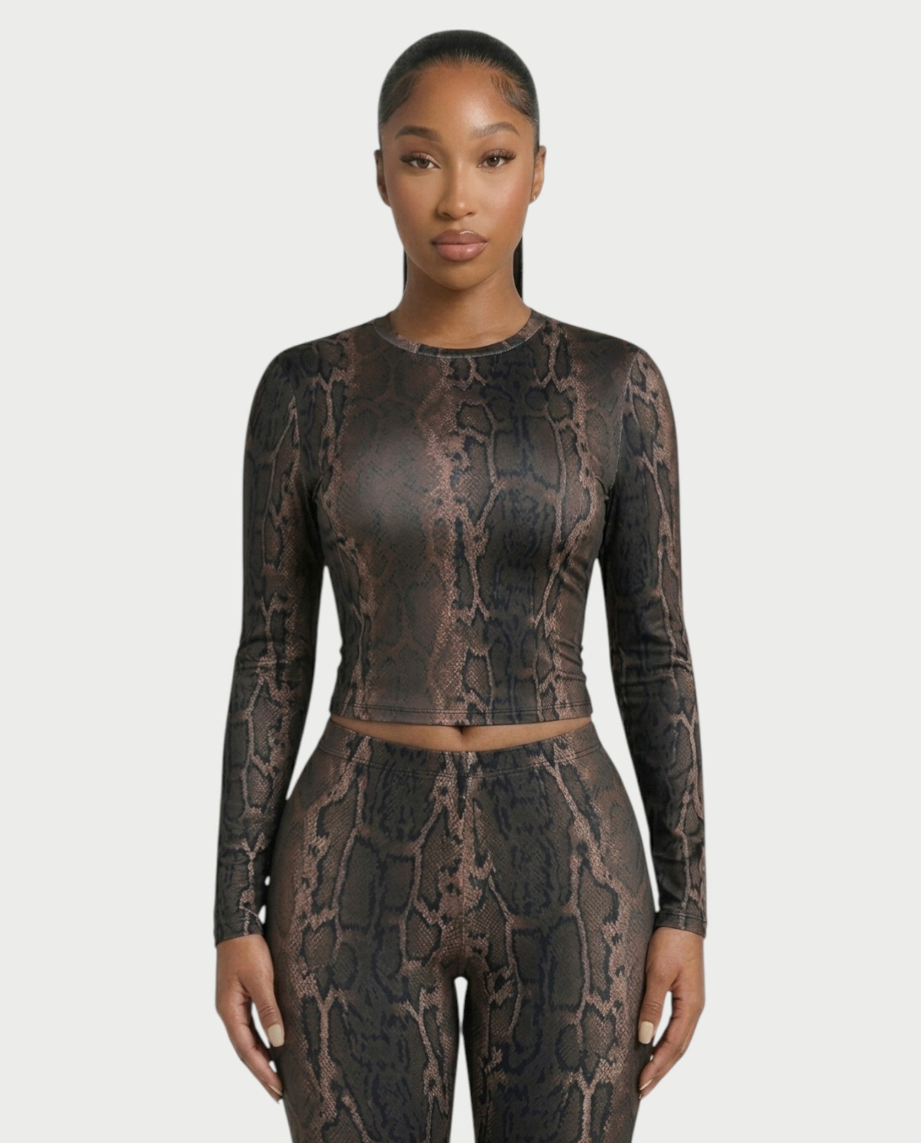 SURIVA Snakeskin Long Sleeve Top & Flared Legging Set