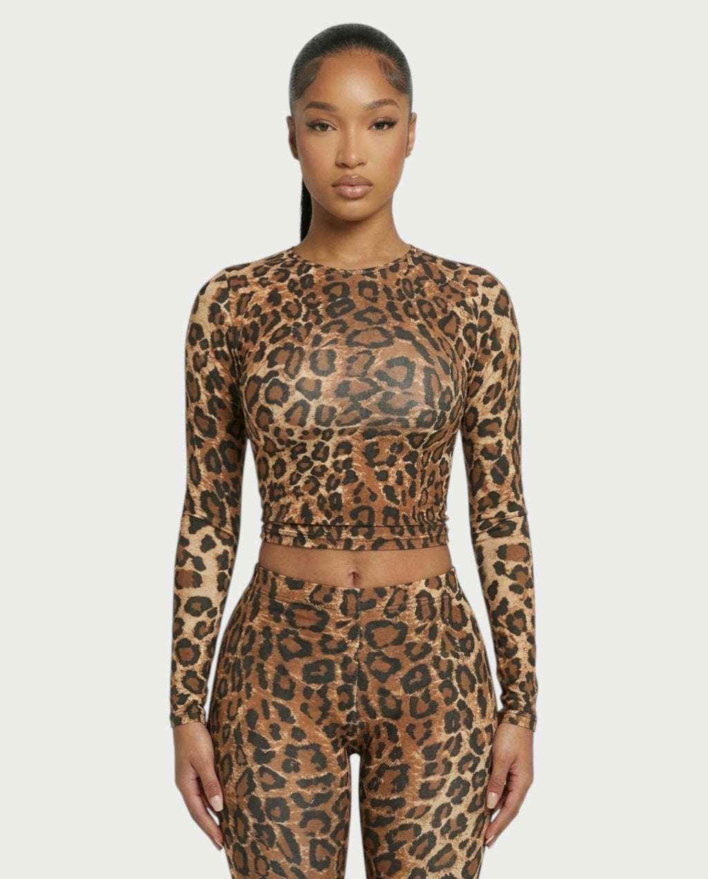 FRELY Leopard Print Long Sleeve Top & Flared Legging Set