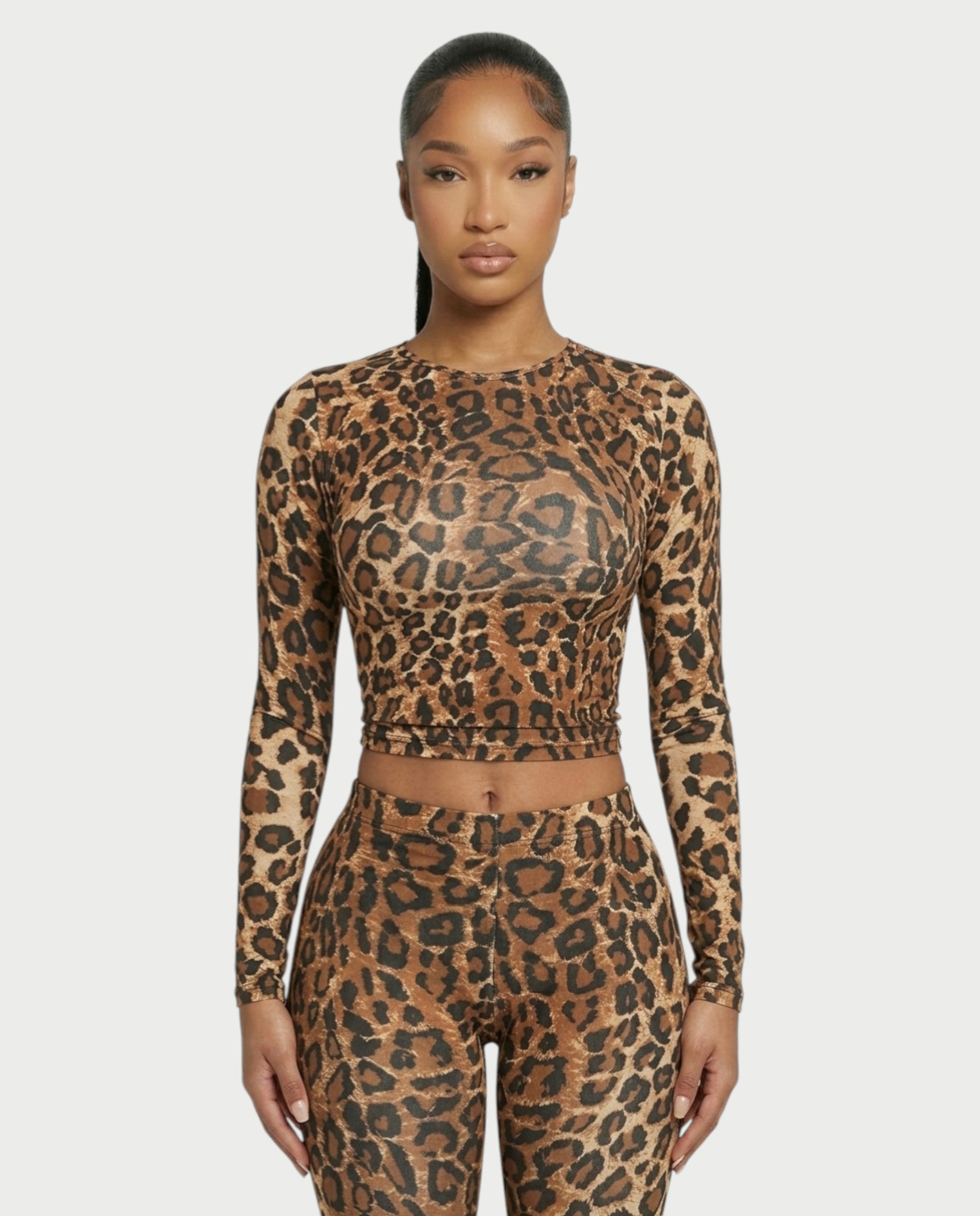 FRELY Leopard Print Long Sleeve Top & Flared Legging Set