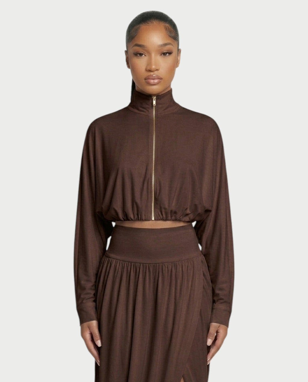 VANYS Zip-Up Crop Top & Draped Midi Skirt Set
