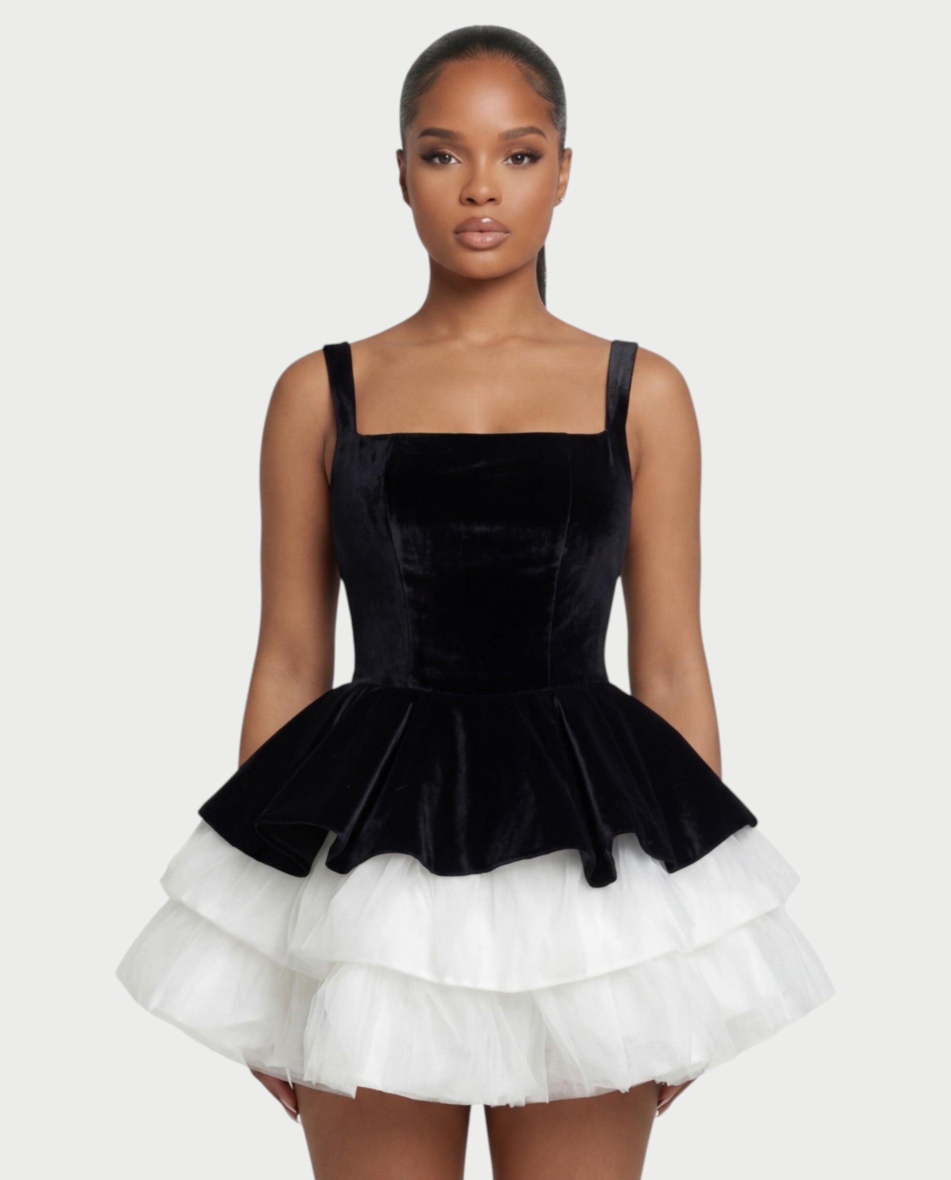 QUIRA Layered Tulle Peplum Mini Dress