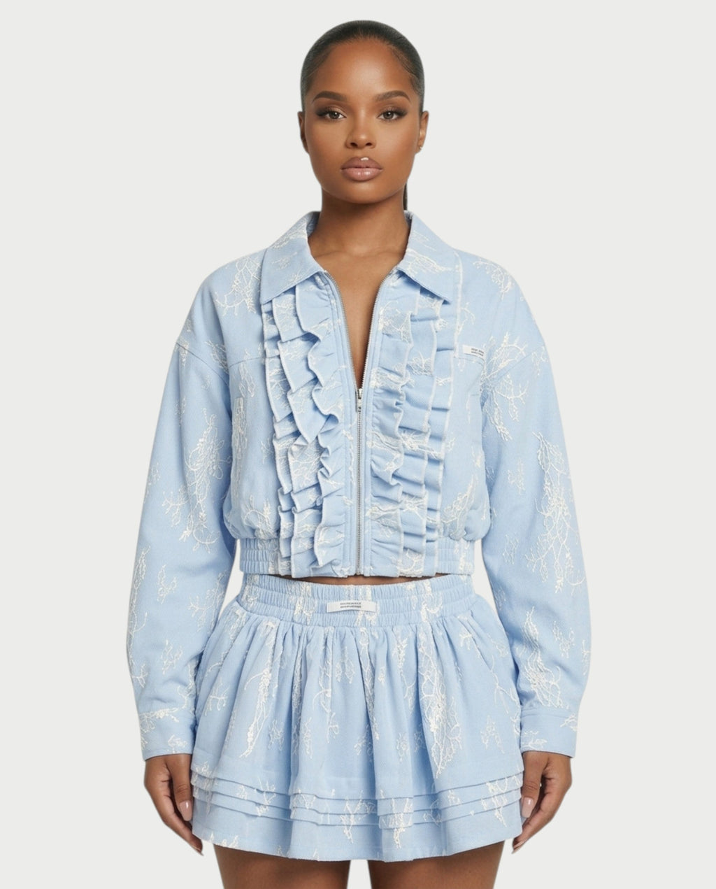 VETTE Ruffled Lace Zip-Up Jacket & Mini Skirt Set