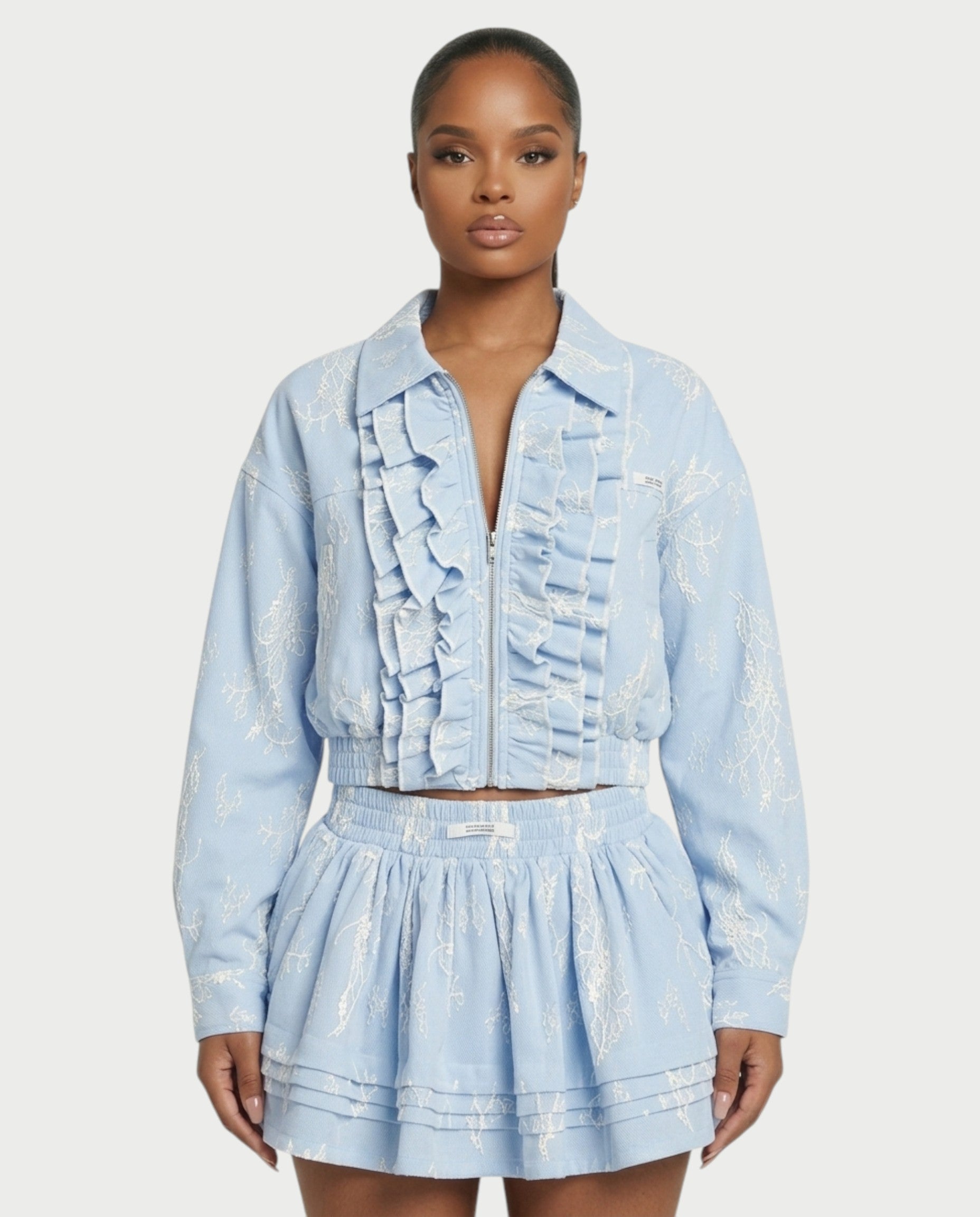 VETTE Ruffled Lace Zip-Up Jacket & Mini Skirt Set