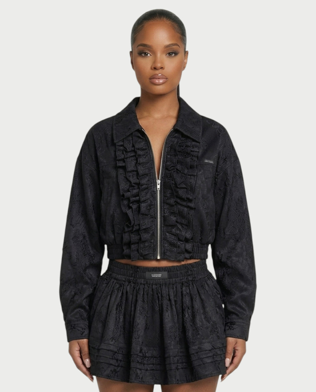 VETTE Ruffled Lace Zip-Up Jacket & Mini Skirt Set
