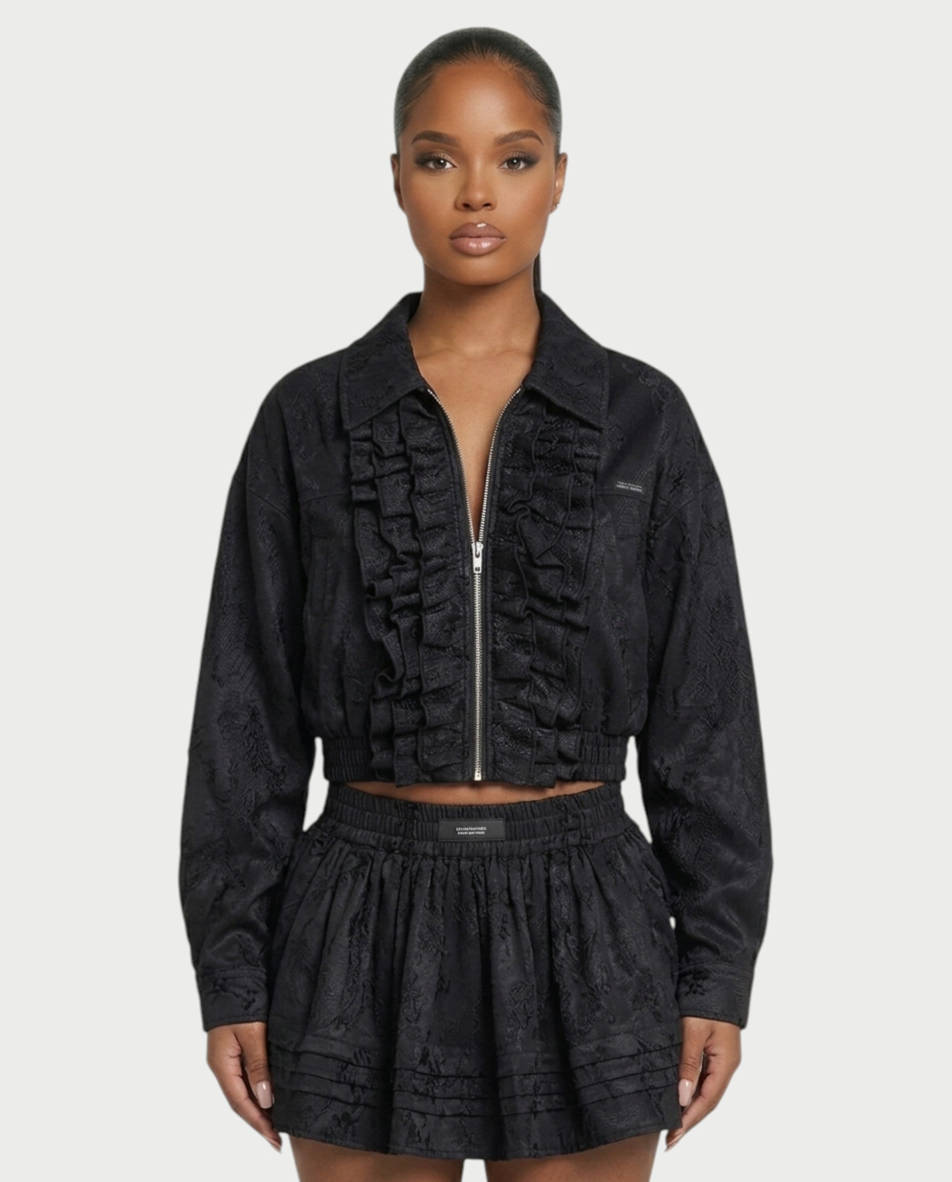 VETTE Ruffled Lace Zip-Up Jacket & Mini Skirt Set