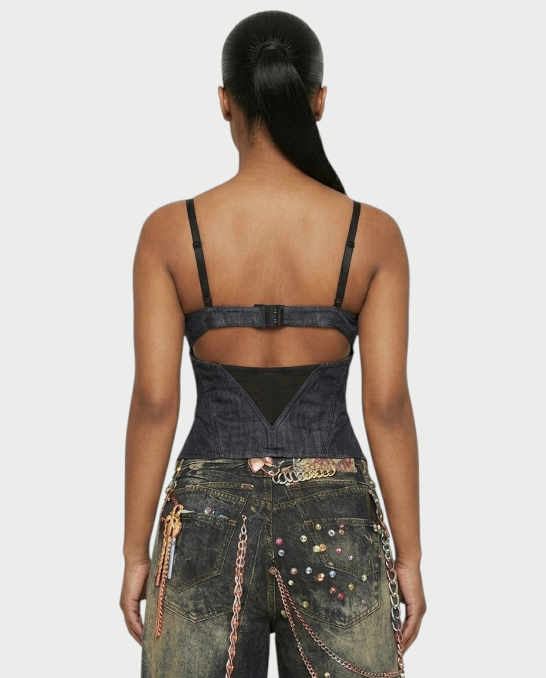 YANCY Corset Zip-Up Mesh Panel Top