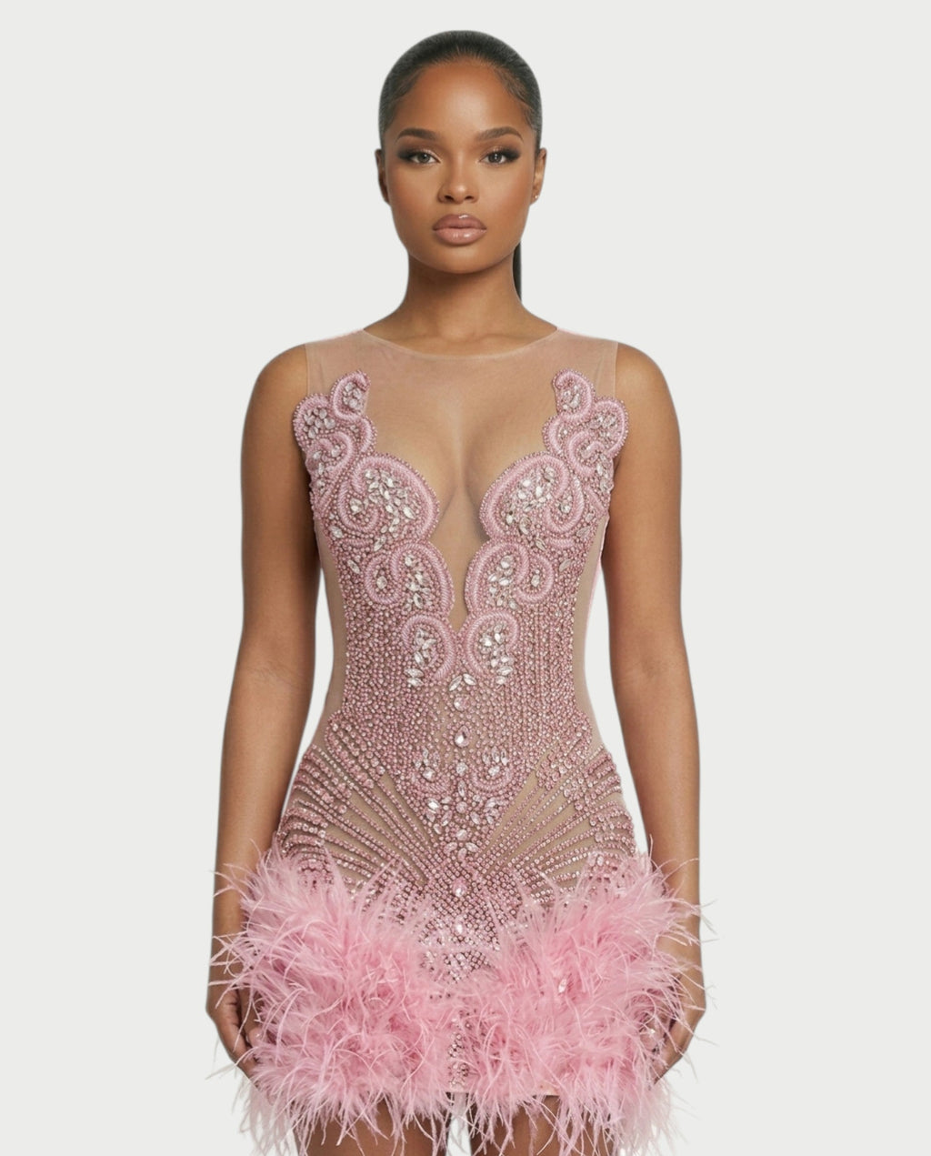 FAVE Rhinestone Feather Trim Mini Dress
